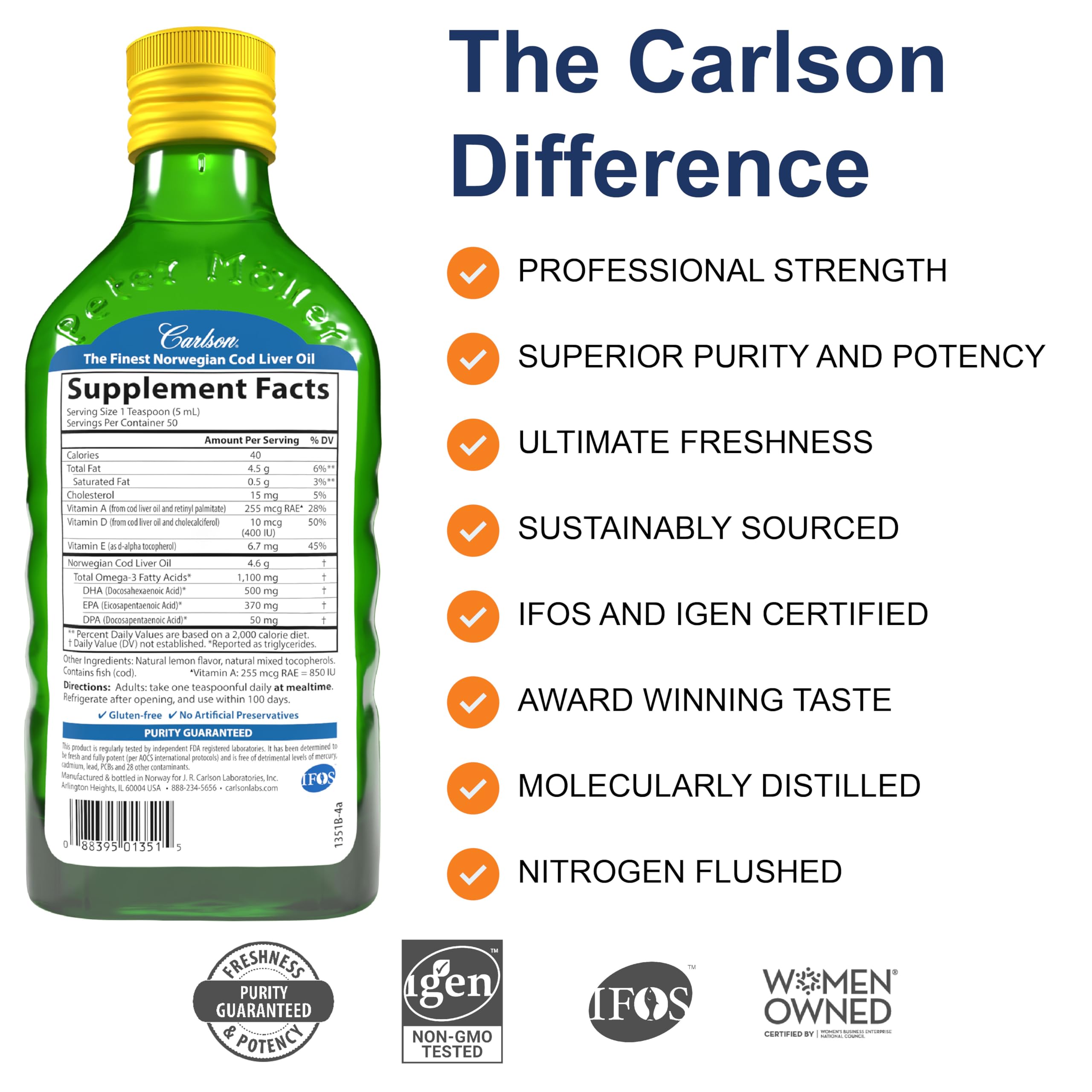 Carlson - Huile de foie de morue, 1100 mg d'oméga-3 + A et D3, huile de foie de morue arctique norvégienne sauvage, huile de poisson nordique liquide issue de la pêche durable