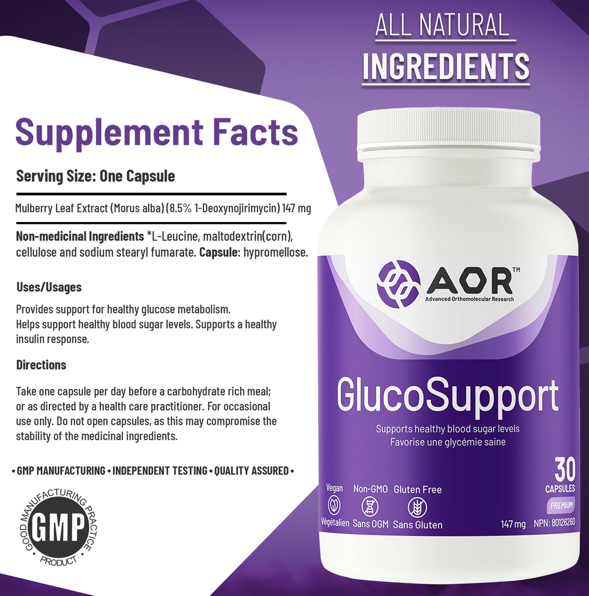 AOR GlucoSupport Capsules, Mulberry Leaf Extract, Gluten Free, 30 Capsules