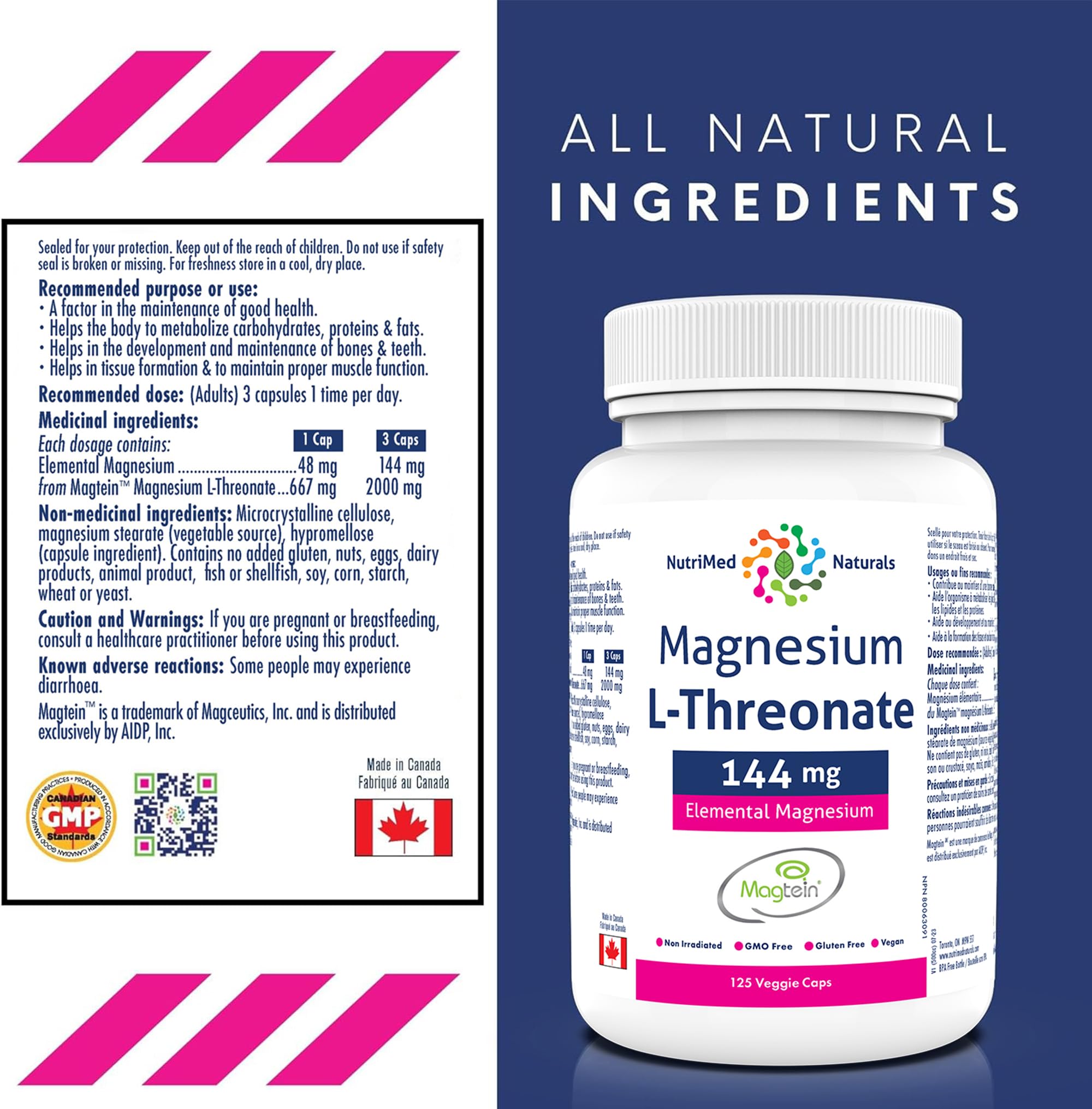 Nutrimed Naturals - Supplément de Magnésium L-Thréonate Élémentaire 144mg 125 Gélules, 48 Jours d'Approvisionnement - Concentration Accrue, Mémoire Améliorée & Santé Cérébrale Optimale - Testé par un Tiers - Formulé et Fabriqué au Canada