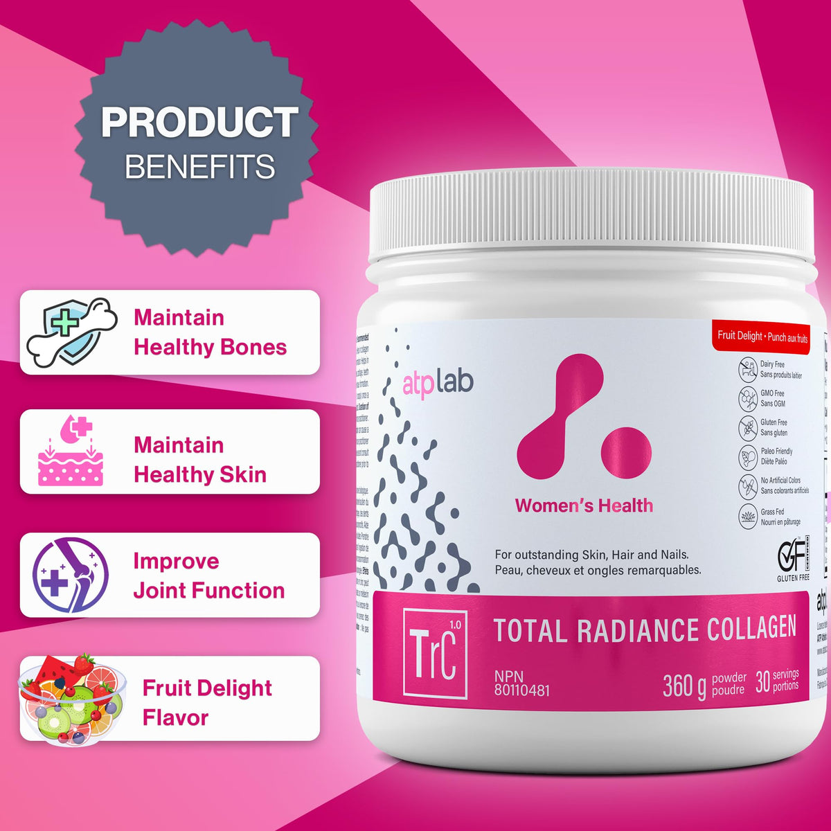 atplab Total Radiance Collagen for Women, Fruit Delight, 360g, 30 Servings