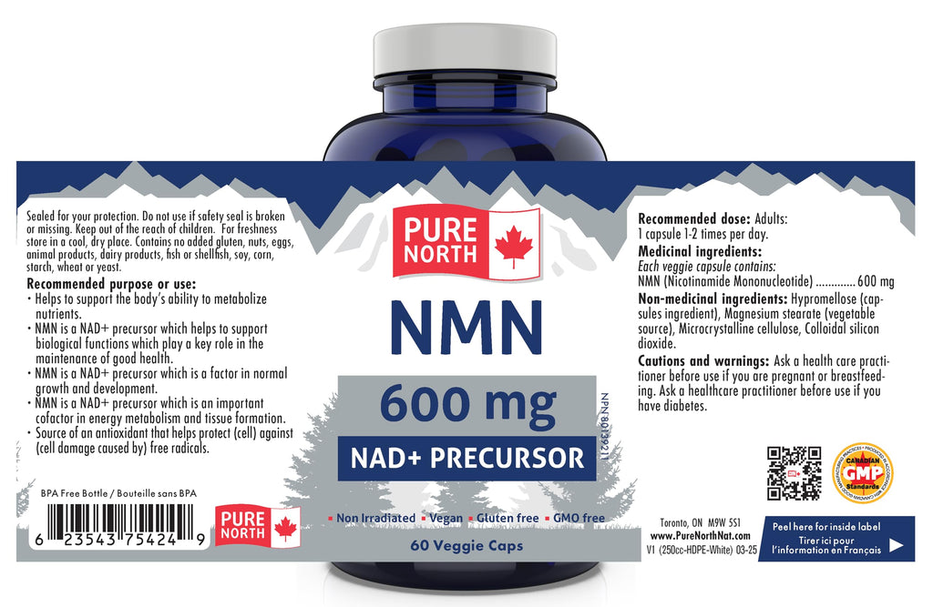 PURE NORTH NATURALS NMN 600mg, 60 Veggie Capsules, 30-Day Supply, Nicotinamide Mononucleotide for Enhanced Metabolic Function, Cellular Energy, and Cognitive Support, Non-GMO, Gluten, Dairy & Vegan