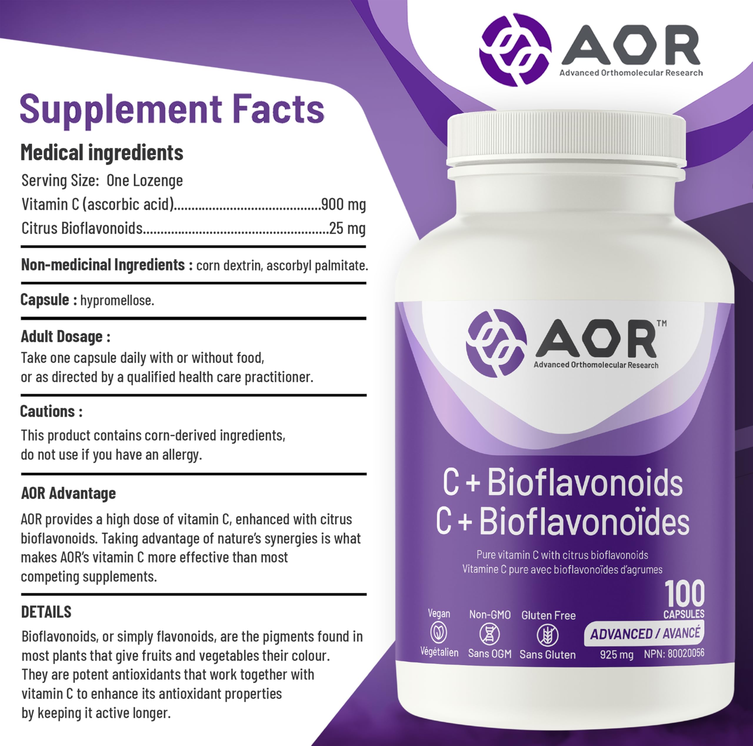 AOR - C+ Bioflavonoïdes 925 mg, 100 capsules - Supplément de vitamine C acide ascorbique avec bioflavonoïdes d'agrumes - Soutien cérébral, santé cardiaque, soutien immunitaire, santé vasculaire et cicatrisation des plaies