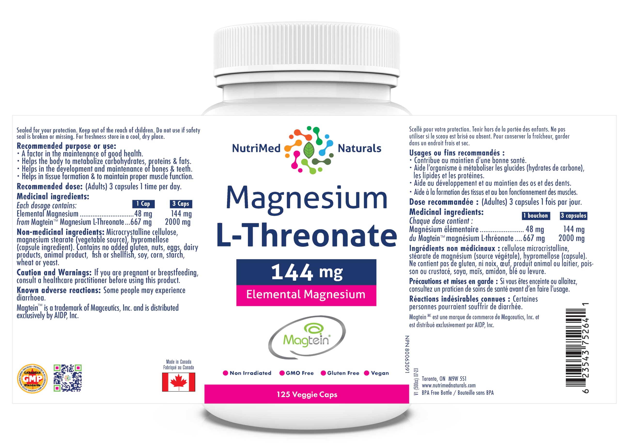 Nutrimed Naturals - Supplément de Magnésium L-Thréonate Élémentaire 144mg 125 Gélules, 48 Jours d'Approvisionnement - Concentration Accrue, Mémoire Améliorée & Santé Cérébrale Optimale - Testé par un Tiers - Formulé et Fabriqué au Canada