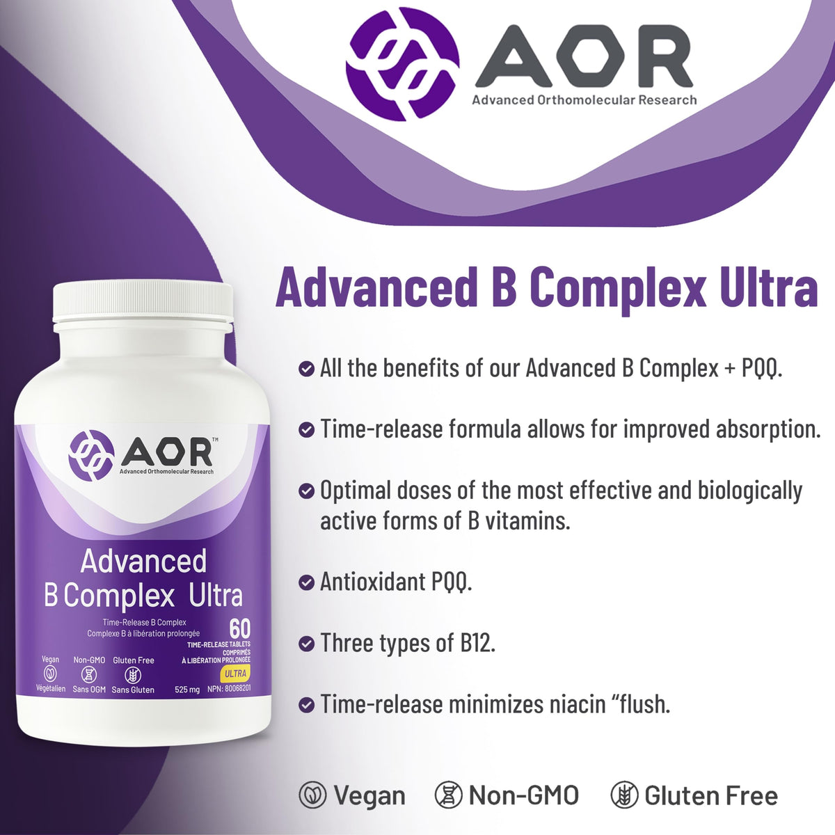 AOR Advanced B Complex Ultra, B Complex, Time-Release, 60 Vegan Tablets