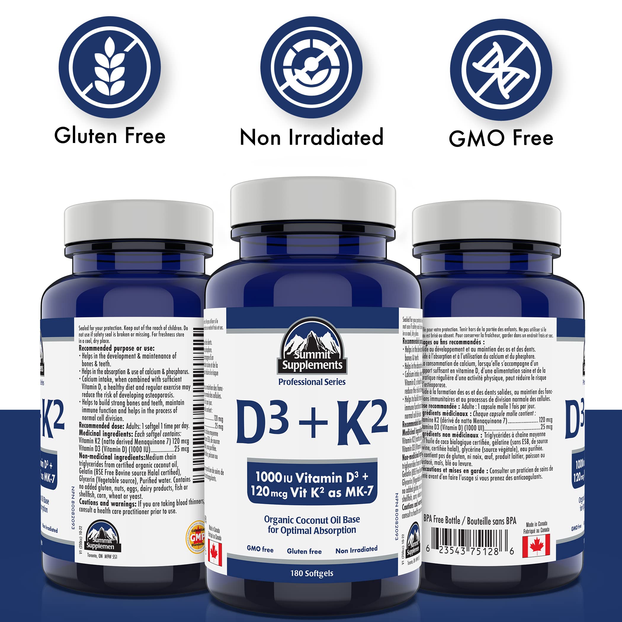 Vitamin D3 K2 180 Softgels, 6-Month Supply, 1000 IU D3 + 120mcg K2 MK-7, Organic Coconut Oil Base, Supports Bones, Teeth, Muscle & Immune System, GMO & Gluten-Free, Proudly Canadian, Plastic Negative