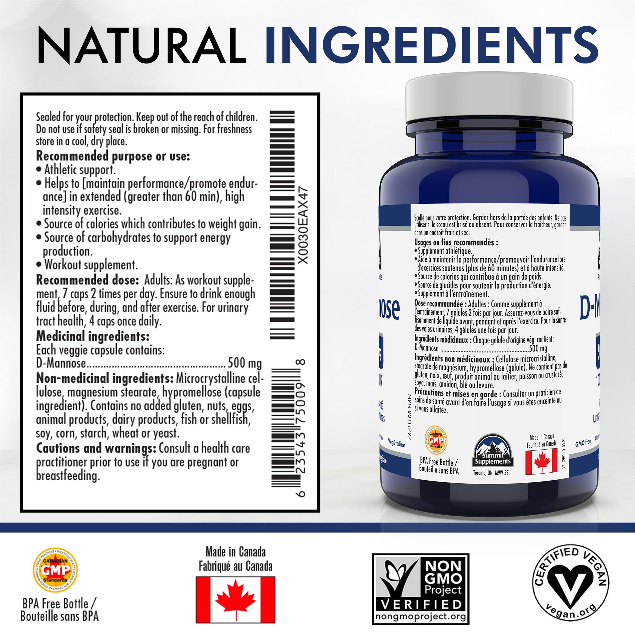 Poudre de D-Mannose pour les infections urinaires (santé des voies urinaires), fièrement canadienne et à impact plastique négatif.