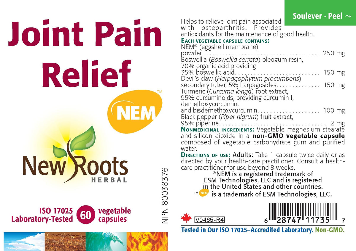 New Roots Herbal Joint Pain Relief Caps, NEM, Curcumin, Boswellia, 60 Caps