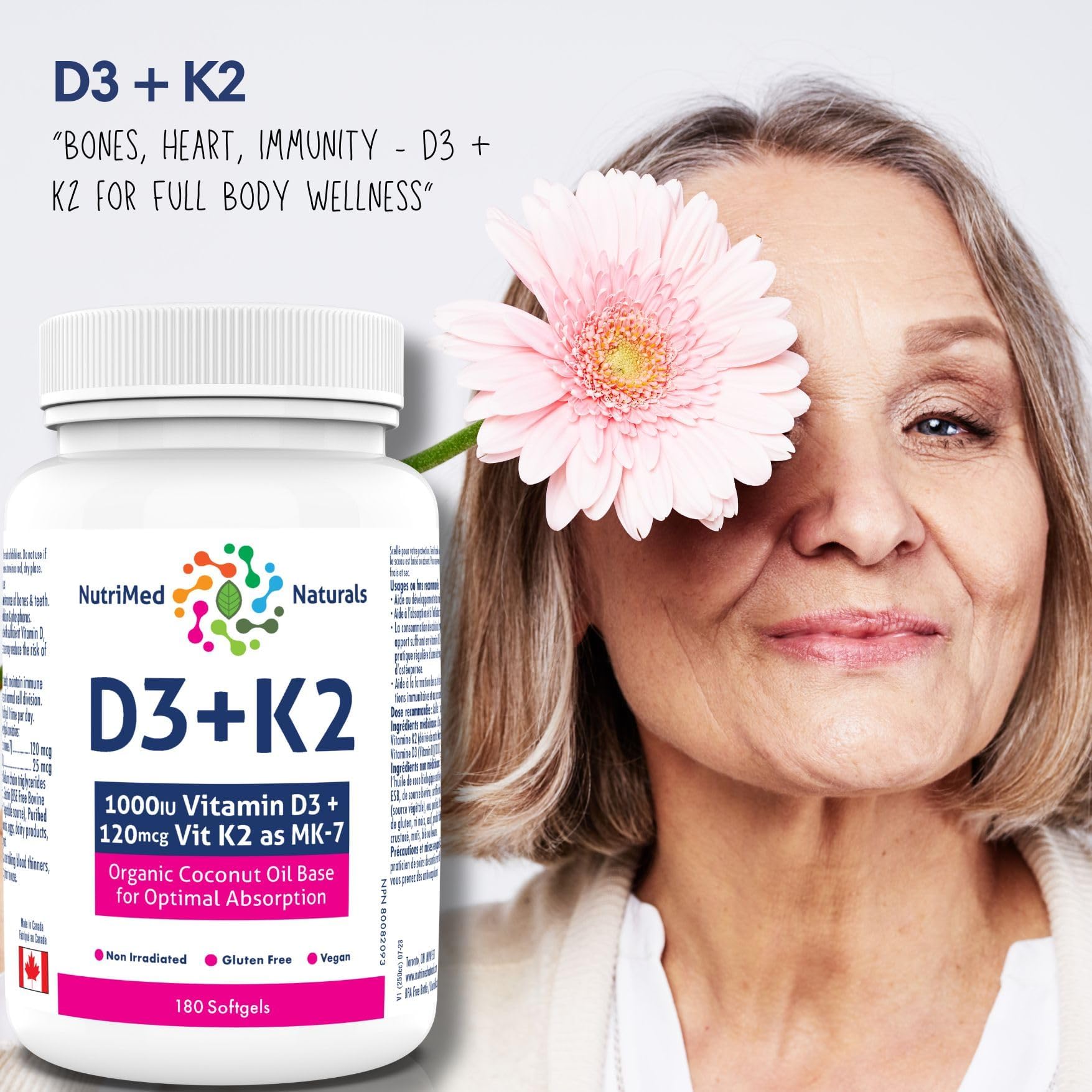 Nutrimed Naturals - D3 + K2, 180 Softgels 180-Day Supply - Optimal Absorption with Organic Coconut Oil Base, MK7 K2 Vitamin for Bone and Heart Health - 3rd Party Tested - Formulated & Made in Canada