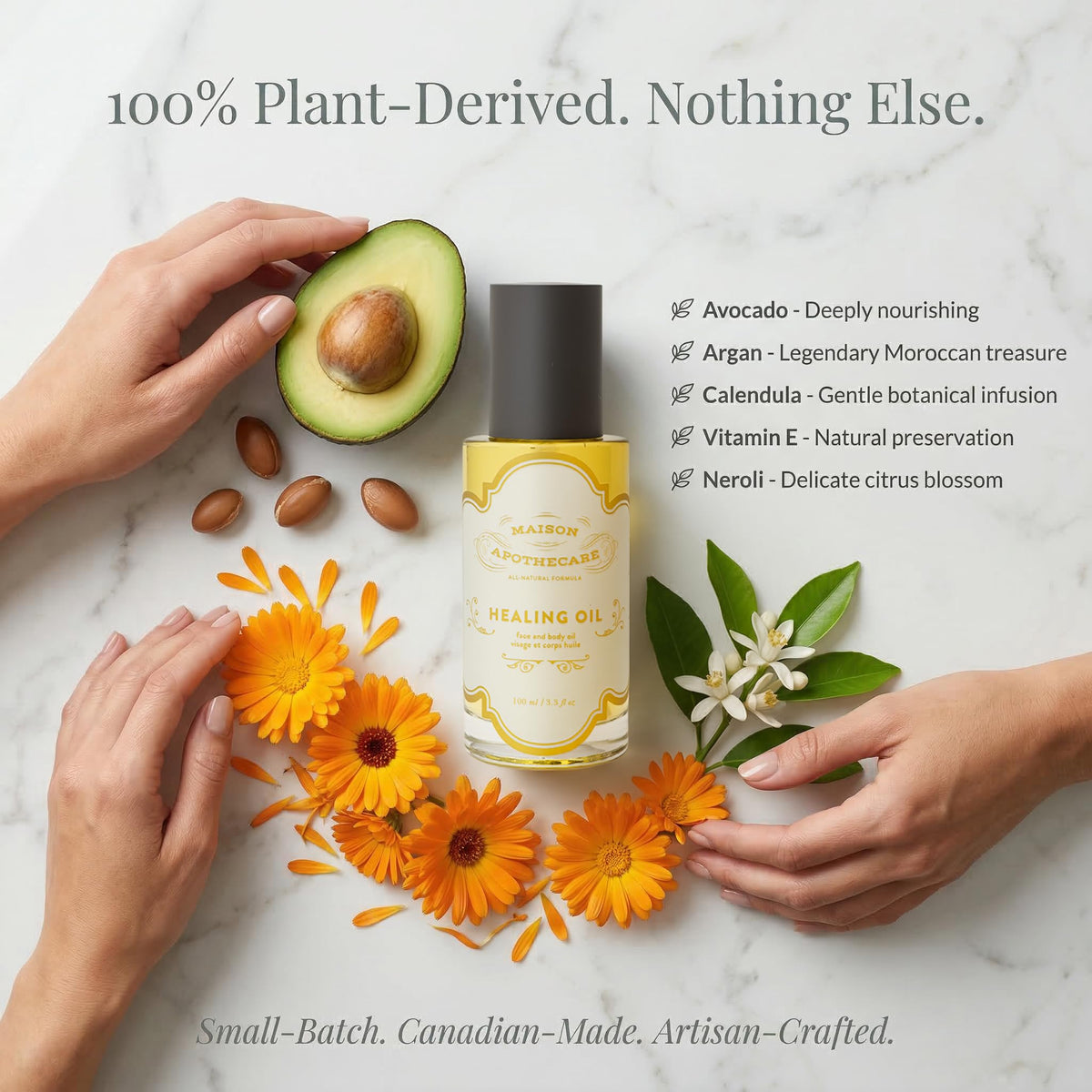 Maison Apothecare Healing Oil Grande 100ml, Multi-Use Avocado, Argan & Neroli, Botanical Blend for Face, Body & Hair, Lightweight Canadian-Made Moisturizer