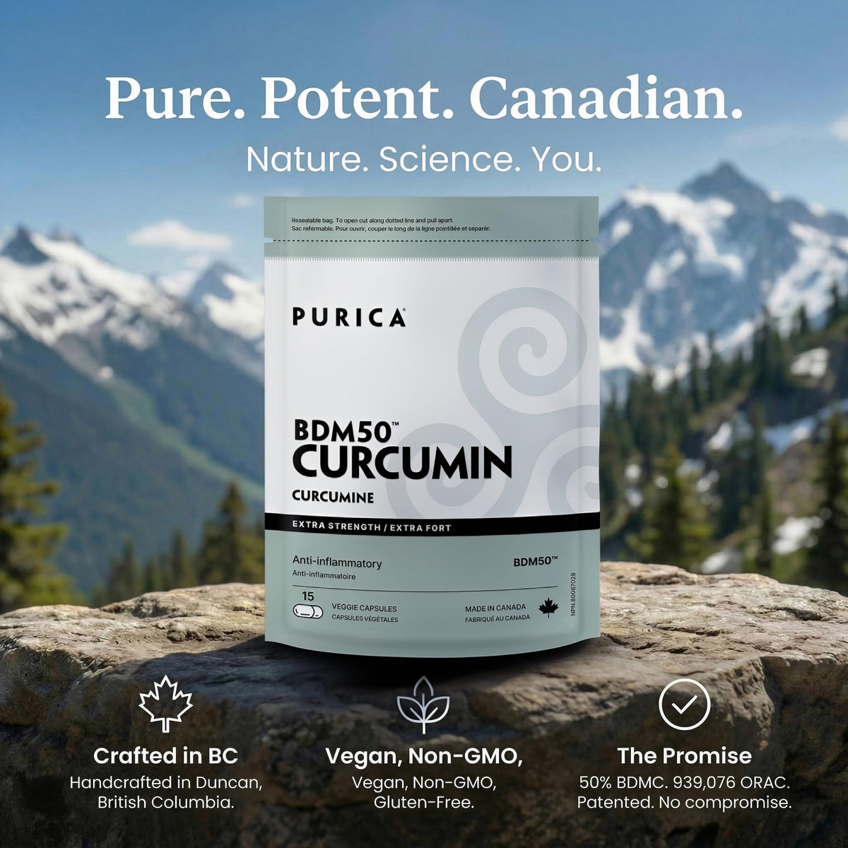 PURICA Turmeric Curcumin Supplement, BDM50, Made in Canada, 15 Capsules