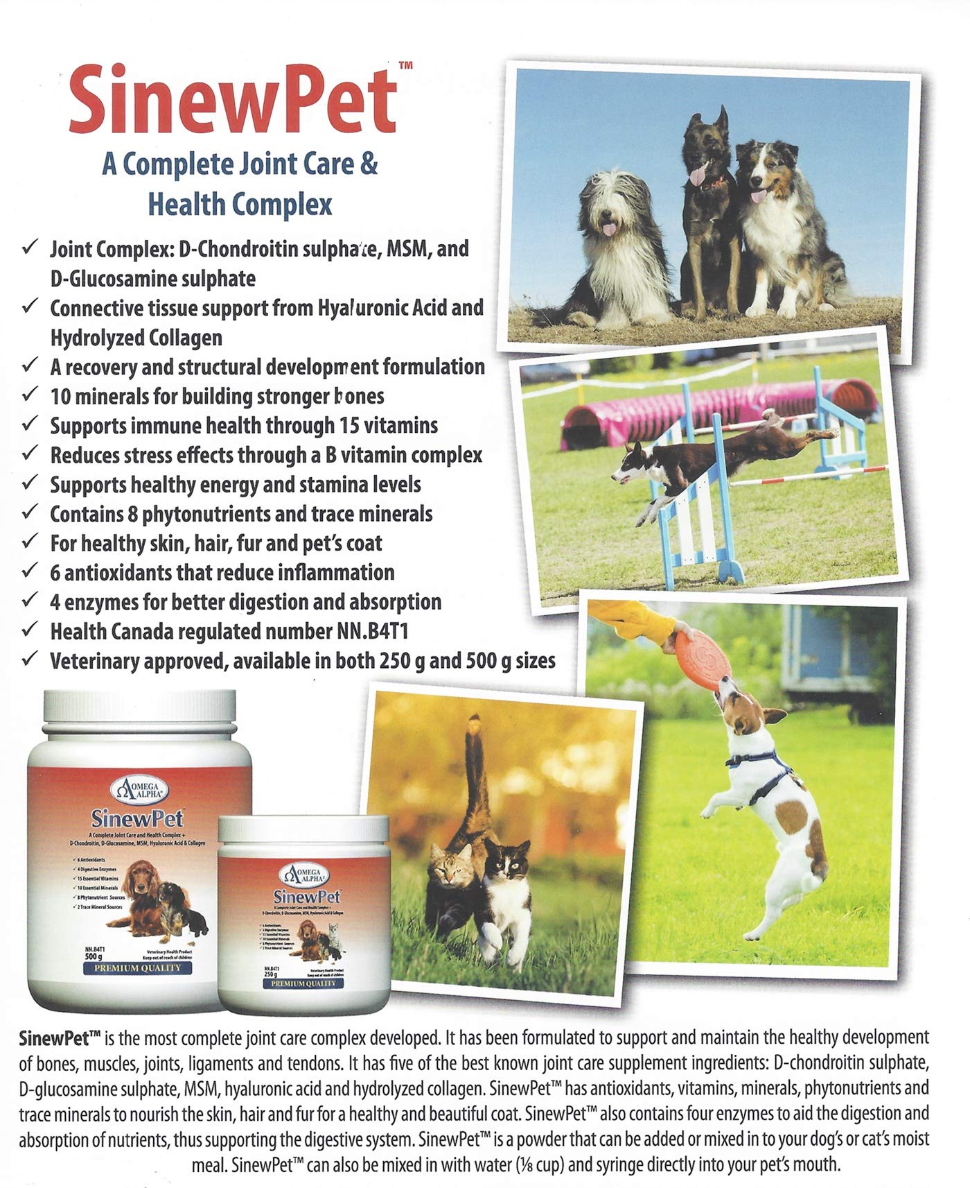 Omega Alpha Pets - Performance & Mobility - Un complexe complet pour la santé des articulations + D-Chondroïtine, D-Glucosamine, MSM, Acide hyaluronique & Collagène - SinewPet - 500g