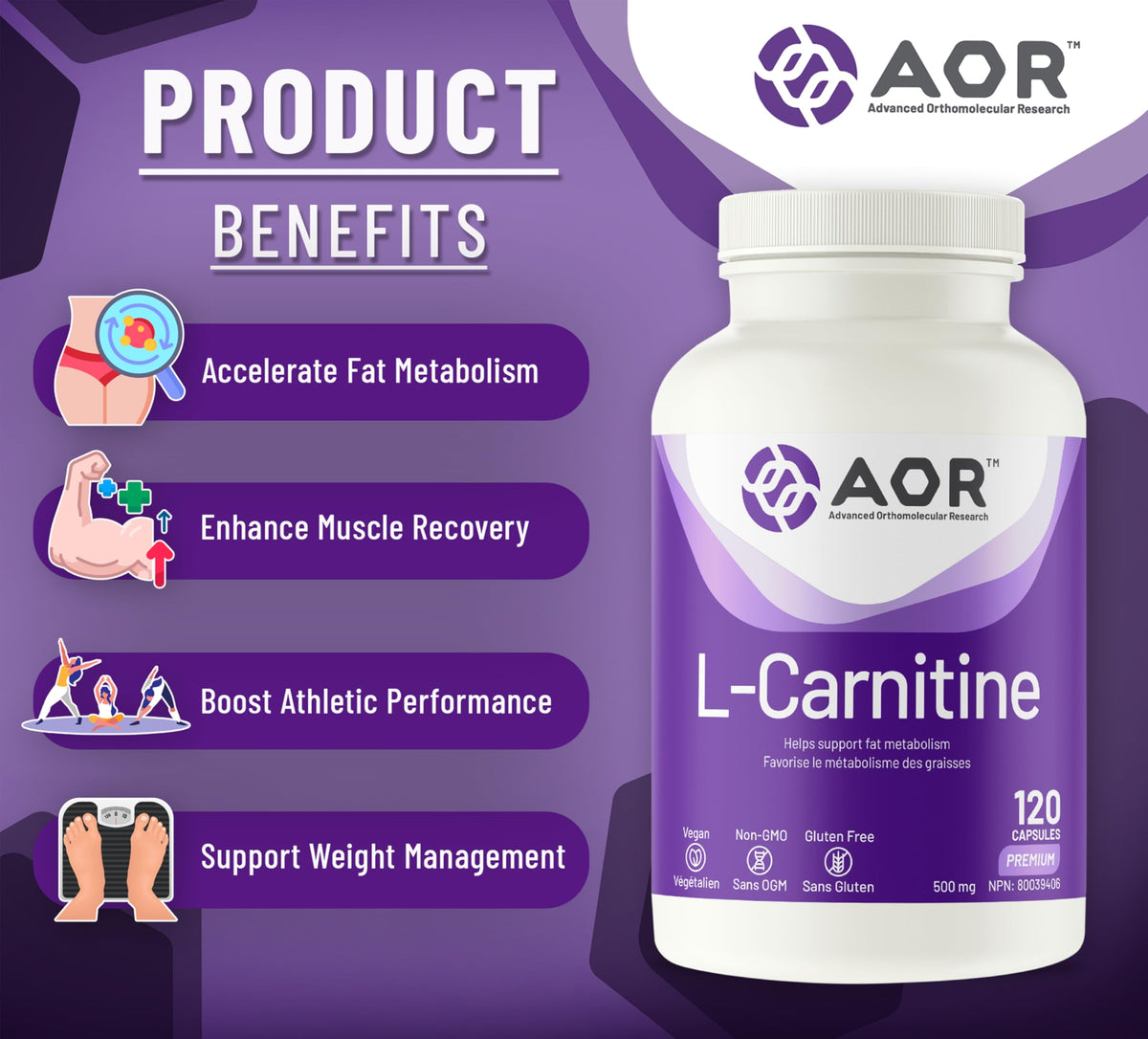 AOR L Carnitine 500mg Capsules, Muscle Recovery, Gluten Free, 120 Capsules