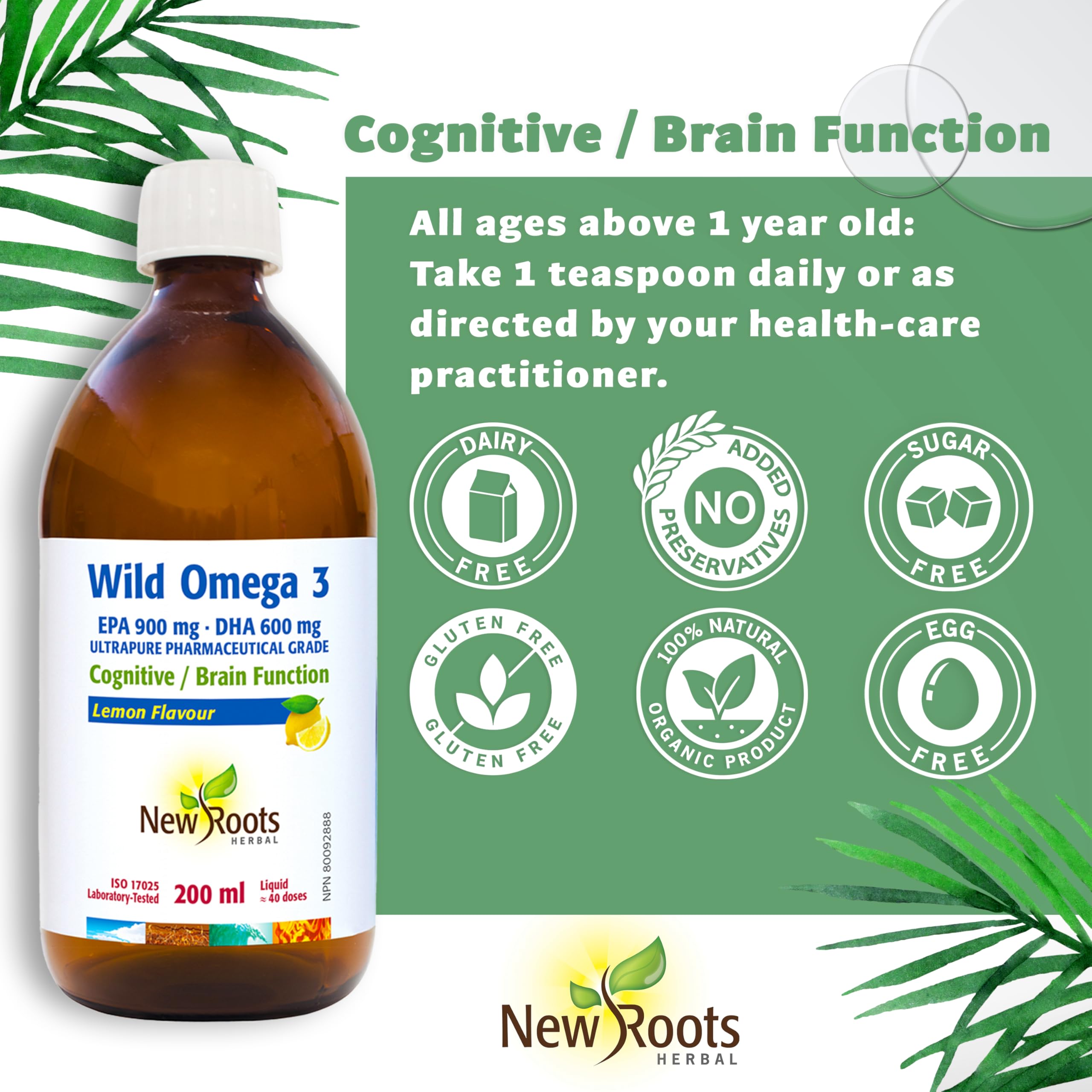New Roots Herbal - Oméga-3 Sauvage AEP 900mg ADH 600mg, Saveur Citron, 200ml 40 Portions - Supplément d'Huile de Poisson Liquide d'Acides Gras Oméga-3 - Aide à Soutenir la Santé Cognitive, les Yeux, les Nerfs et la Fonction Cérébrale