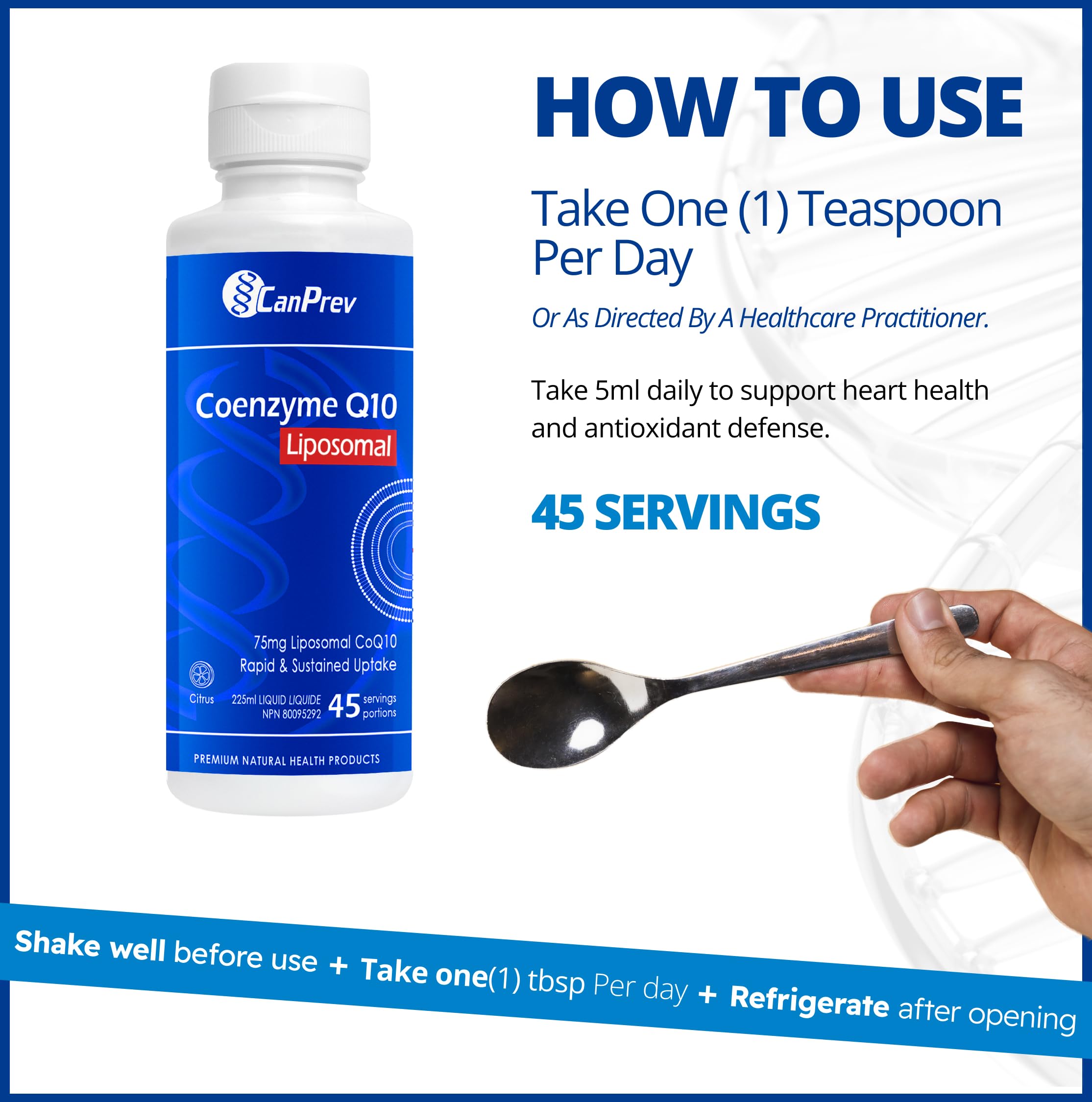CanPrev Coenzyme Q10 Liposomale 75 mg Saveur Agrumes, Liquide 225 ml 45 Portions - Formule à Absorption Améliorée pour la Protection Antioxydante et le Maintien de la Santé Cardiaque - Végétalien, Sans OGM et Sans Gluten