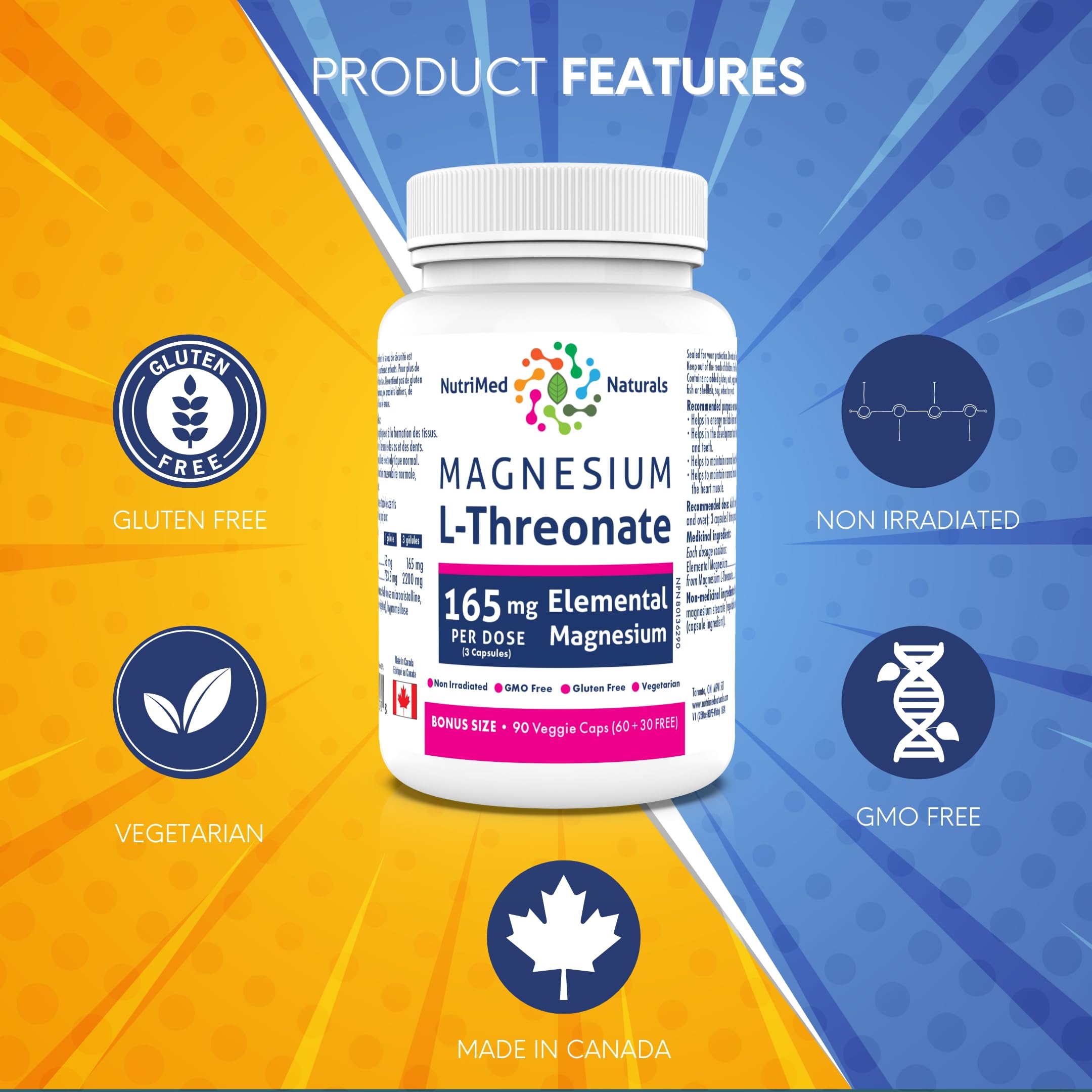 Nutrimed Naturals - Supplément de Magnésium L-Thréonate Élémentaire 165mg 90 Gélules Pour 30 Jours - Améliore la Concentration, la Mémoire et la Santé Cérébrale Optimale - Testé par un Tiers - Formulé et Fabriqué au Canada