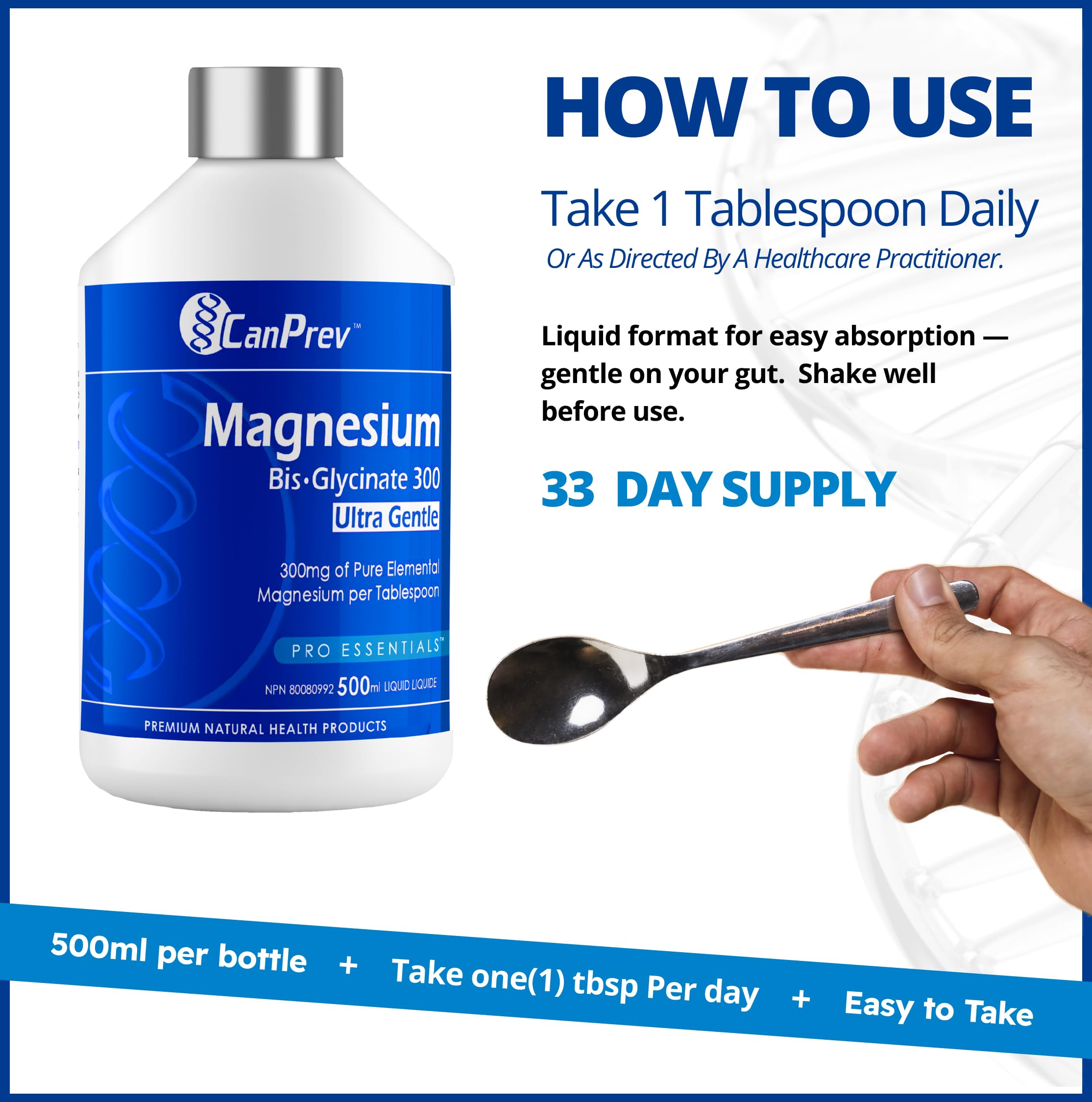 CanPrev Bisglycinate de Magnésium Liquide 300 Ultra Doux, 500ml, approvisionnement de 33 jours - Glycinate de Magnésium à haute absorption - Facile à digérer et pour les estomacs sensibles - Soutien énergétique et fonction musculaire