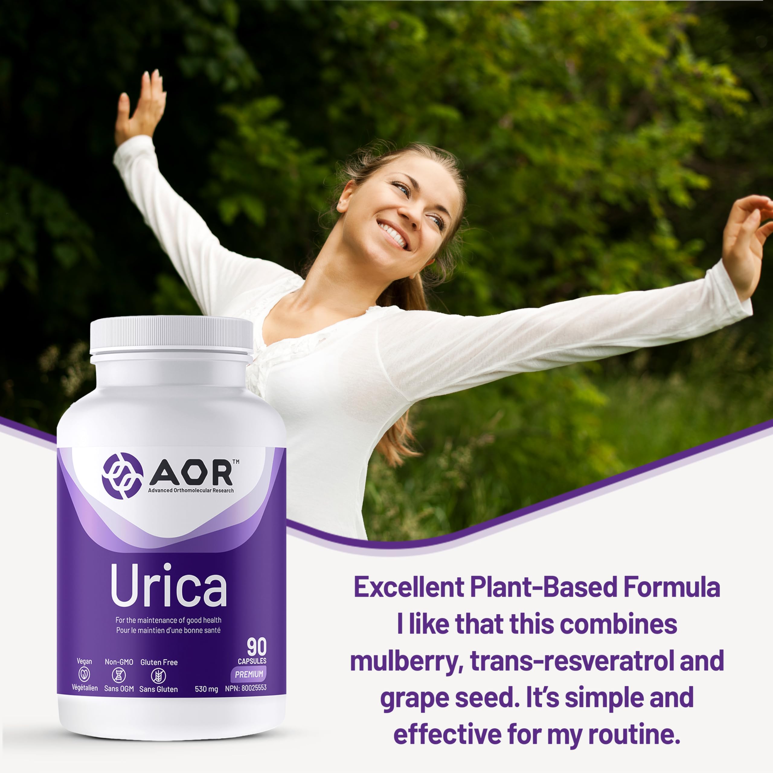 AOR Urica 530mg, 90 gélules (30 jours de traitement) - Formule de soutien de l'acide urique avec mûrier blanc riche en morine, trans-resvératrol et extrait de pépins de raisin - Végétalien et sans gluten - Favorise l'équilibre naturel de l'acide urique