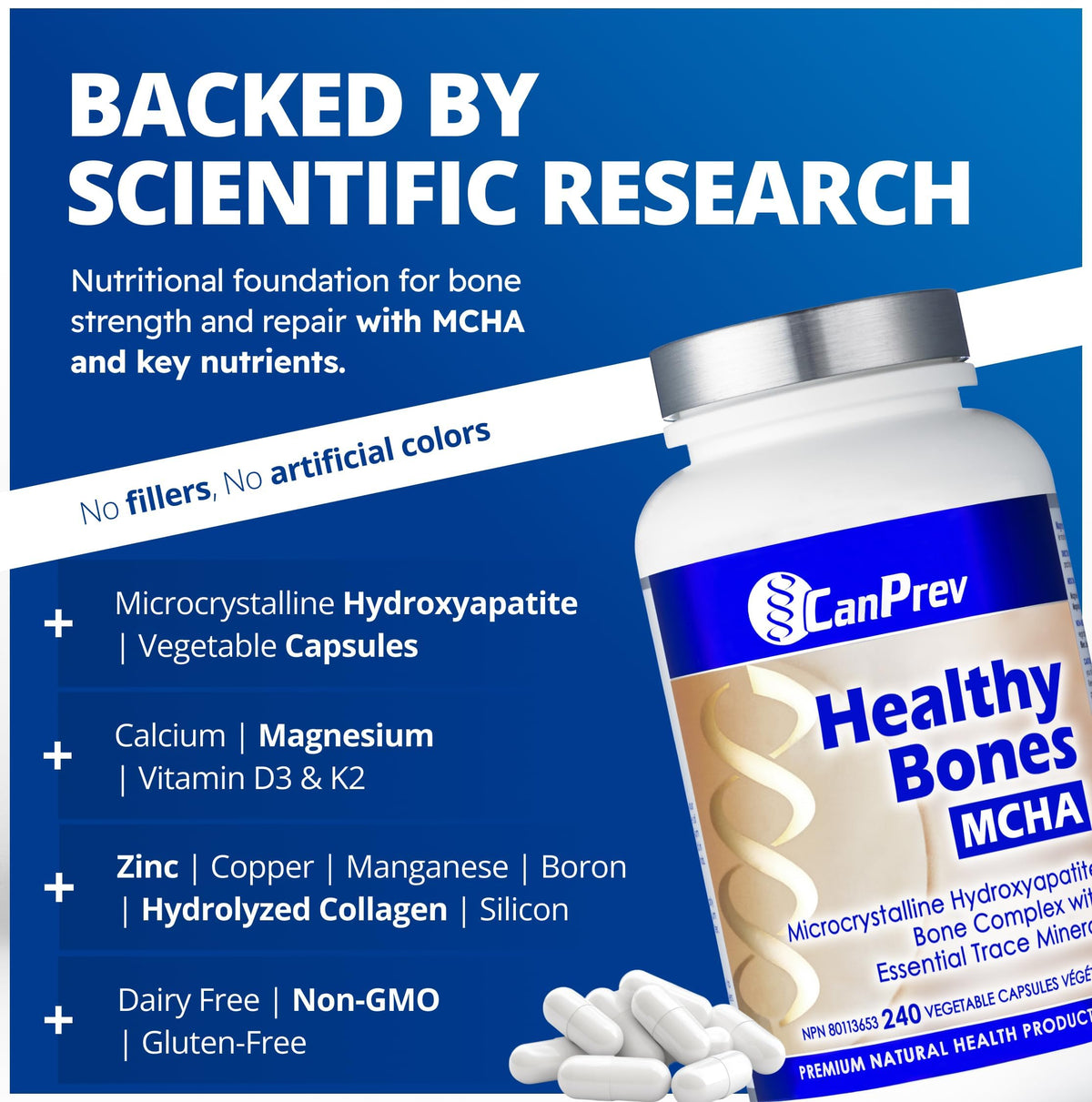 CanPrev MCHA Bone Supplement, Calcium Magnesium Vitamin D3 K2, 240 Capsules