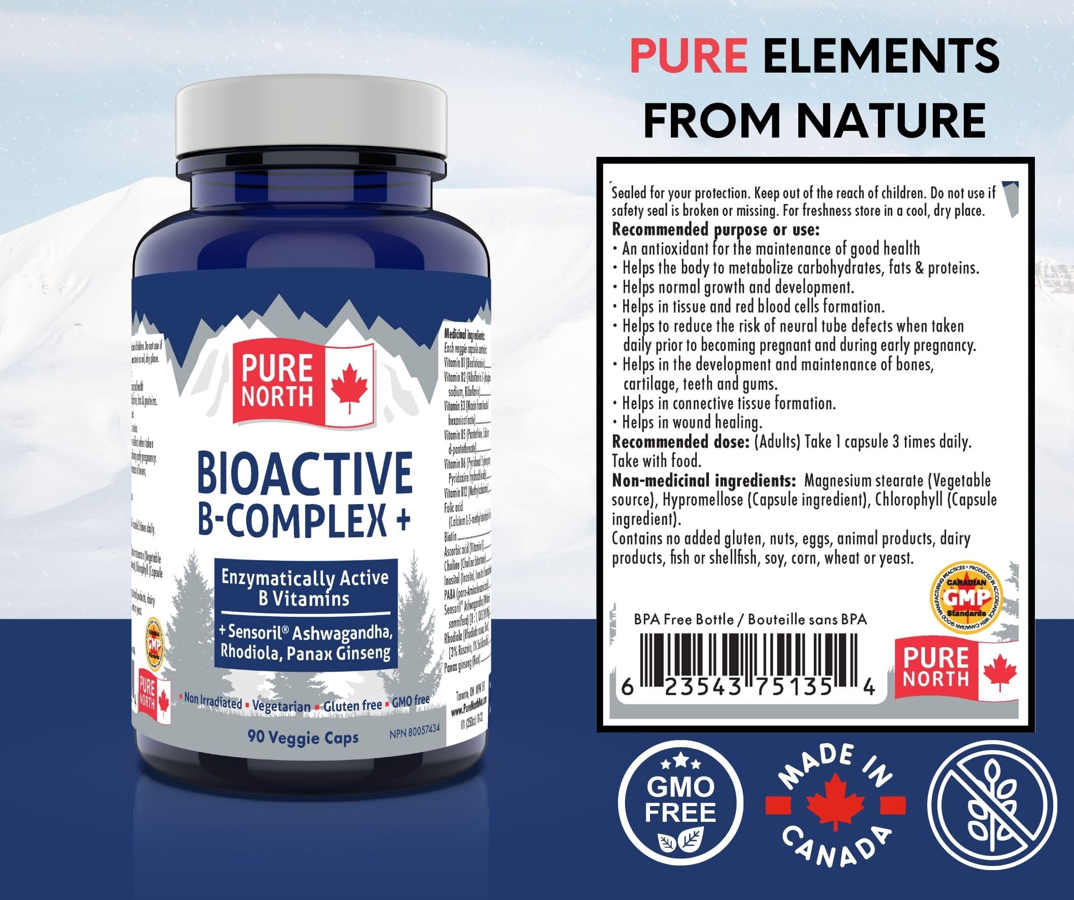 Pure North Naturals - Bioactive B-Complex Vitamin Supplement 90 Caps 30-Day Supply - Enzymatically Active Sensoril Ashwagandha, Rhodiola, Panax Ginseng - 3rd Party Tested - Formulated & Made in Canada