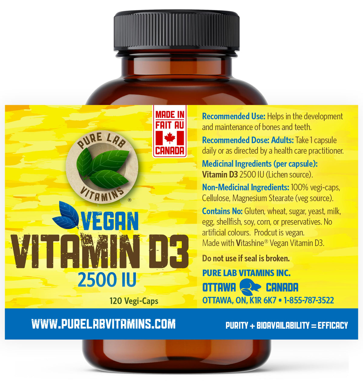 Pure Lab Vitamins | Vegan Vitamin D3 2500IU | 120 Capsules | Bone Health, Teeth Health & Immune System Support | Vitamin D3 Cholecalciferol | Vitamin D3 Capsules | Vitamin D3 Supplement