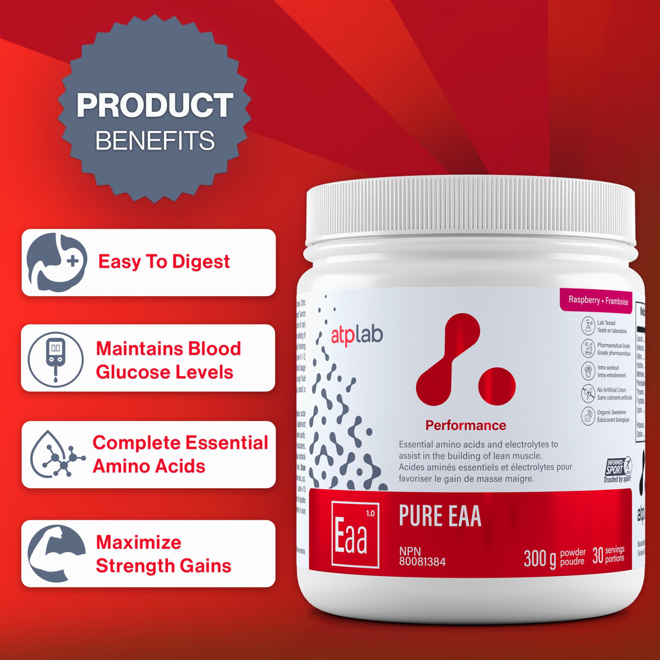 ATP LAB - Pure EAA en Poudre 300g (Saveur Framboise) - Supplément EAA - Poudre d'Acides Aminés Essentiels - Développement Musculaire - Récupération Musculaire