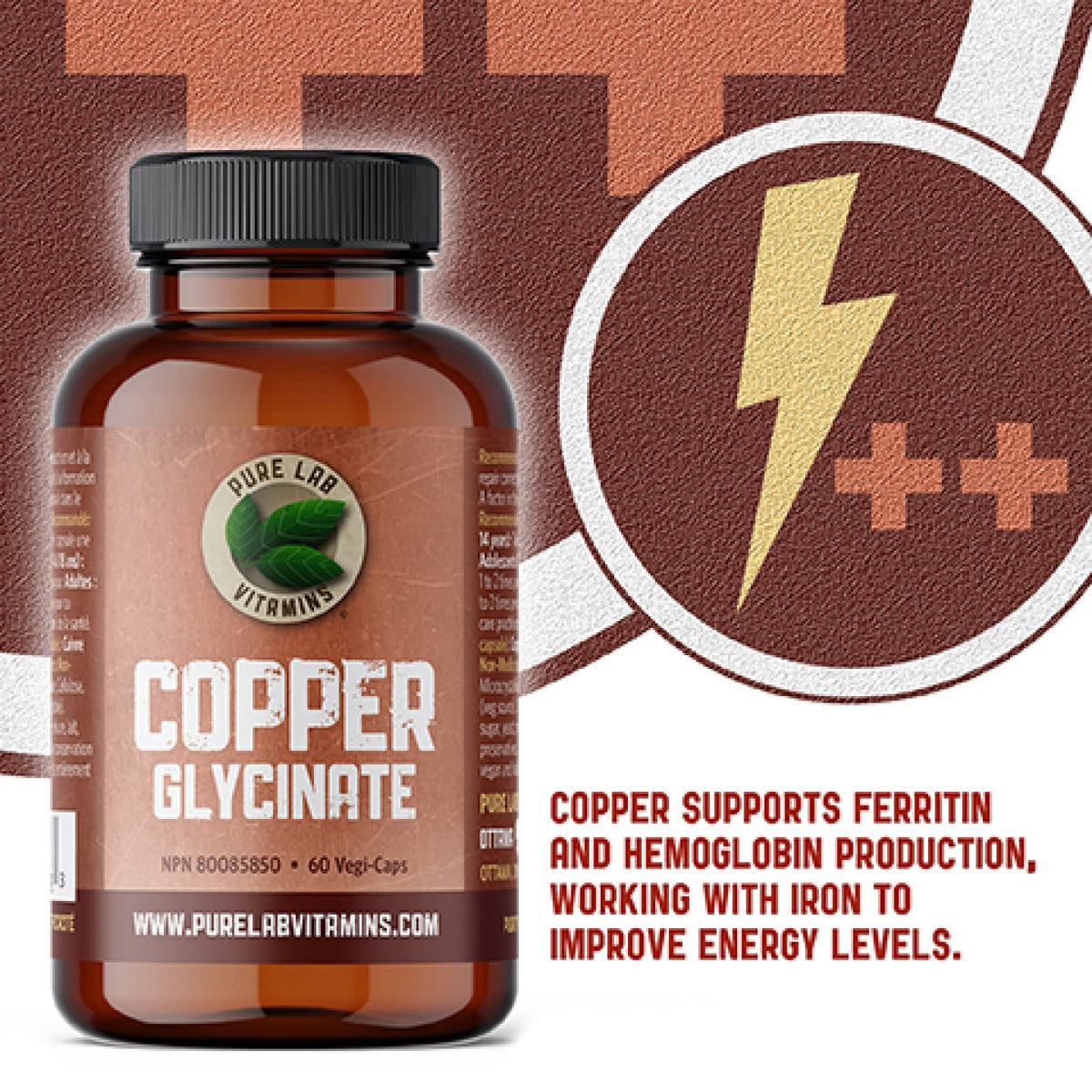 Pure Lab Vitamins - Copper Glycinate Mineral Supplement 1 mg 60 v-caps | Essential for Collagen Production, Immune System & Red Blood Cell Formation | Non GMO, Gluten Free | Formulated and made in Canada