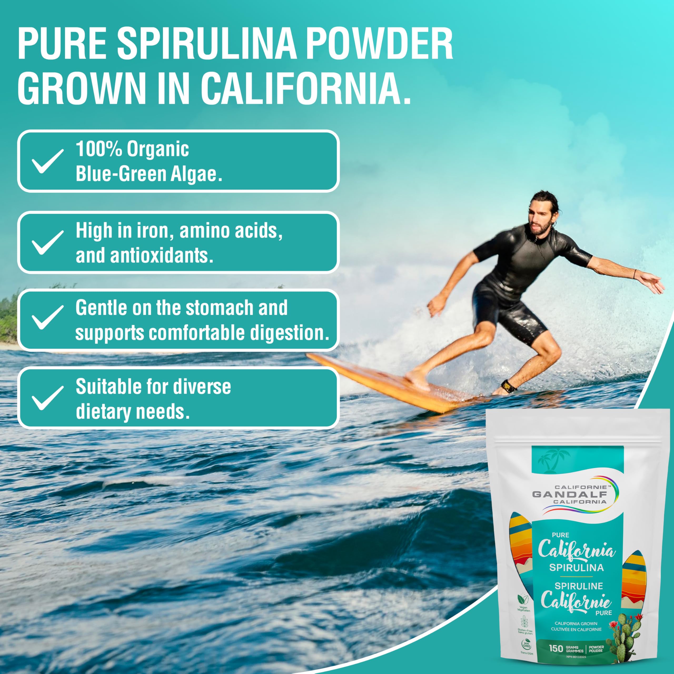 Gandalf Poudre de Spiruline Pure de Californie 150g, 30 portions, Algues bleu-vert biologiques, Végane, Sans OGM, Cultivée en Californie, Riche en Acides Aminés Essentiels, Fer et Vitamines, Douce et Facile à utiliser