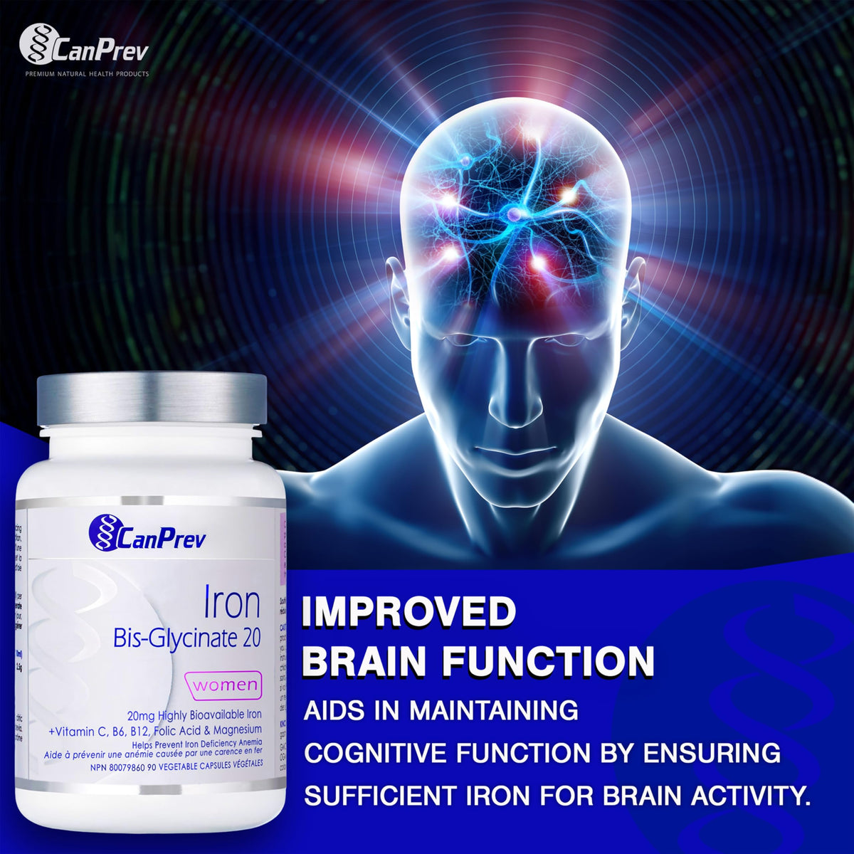 CanPrev Iron Bisglycinate Capsules, Magnesium, Vitamin C, 90 Capsules
