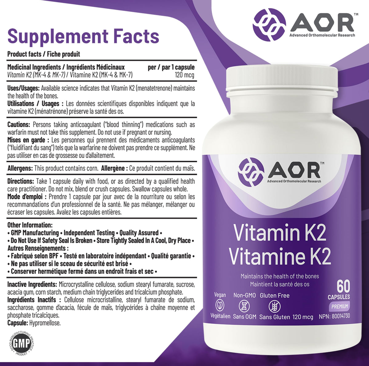 AOR Vitamin K2 MK-7 Vegan Capsules for Adults, MK-4 & MK-7, 60 Day Supply