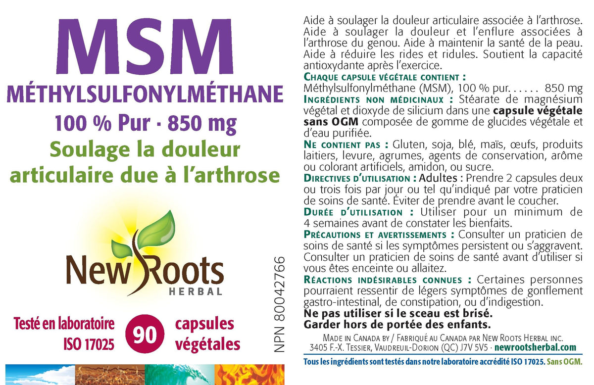 New Roots Herbal Organic MSM Capsules, 850mg, Joint Support, 90 Pack