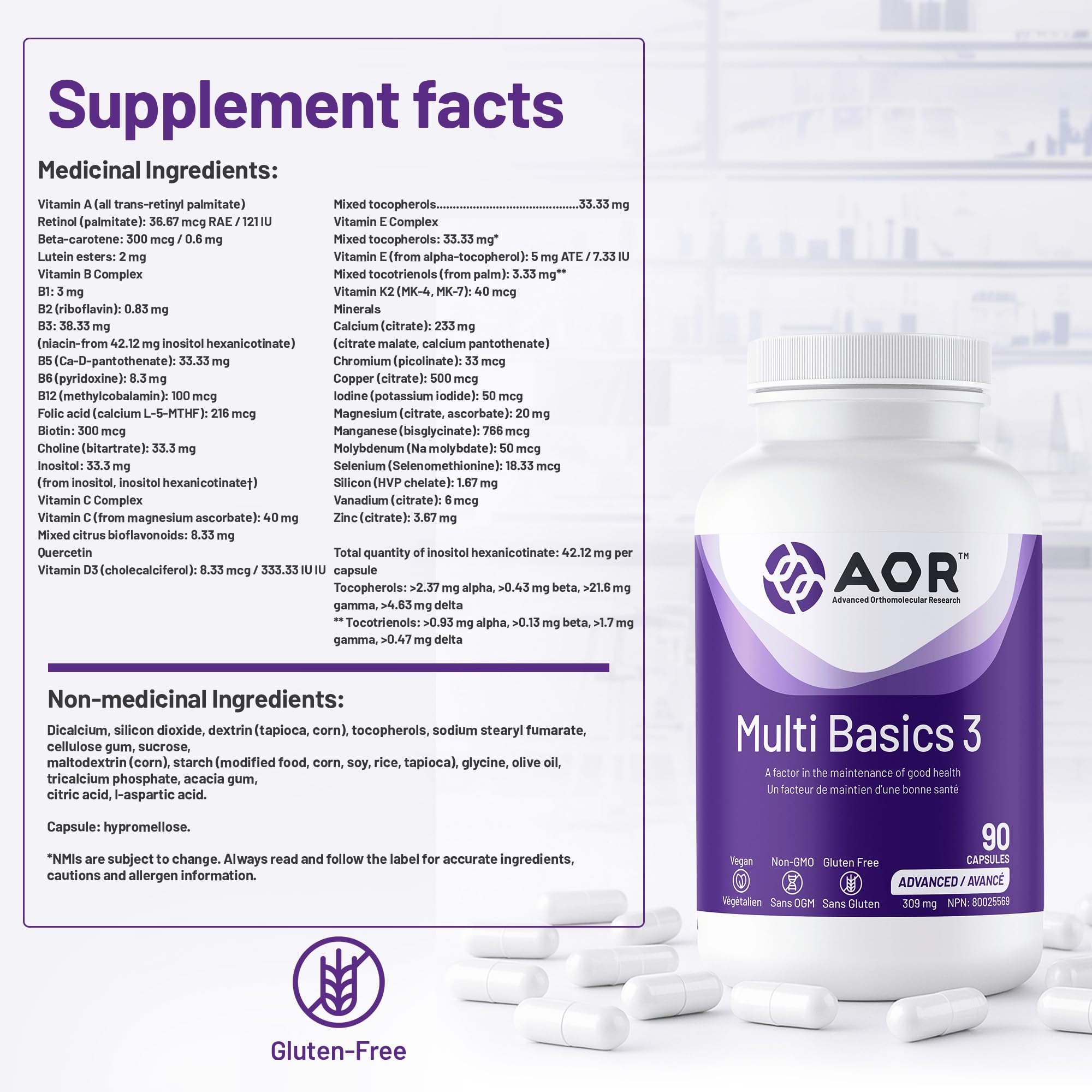 AOR - Multi Basics 3 309mg, 90 capsules - Supplément de minéraux essentiels et de multivitamines pour adultes - Multivitamine quotidienne pour hommes et femmes adultes - Multivitamines et multiméraux