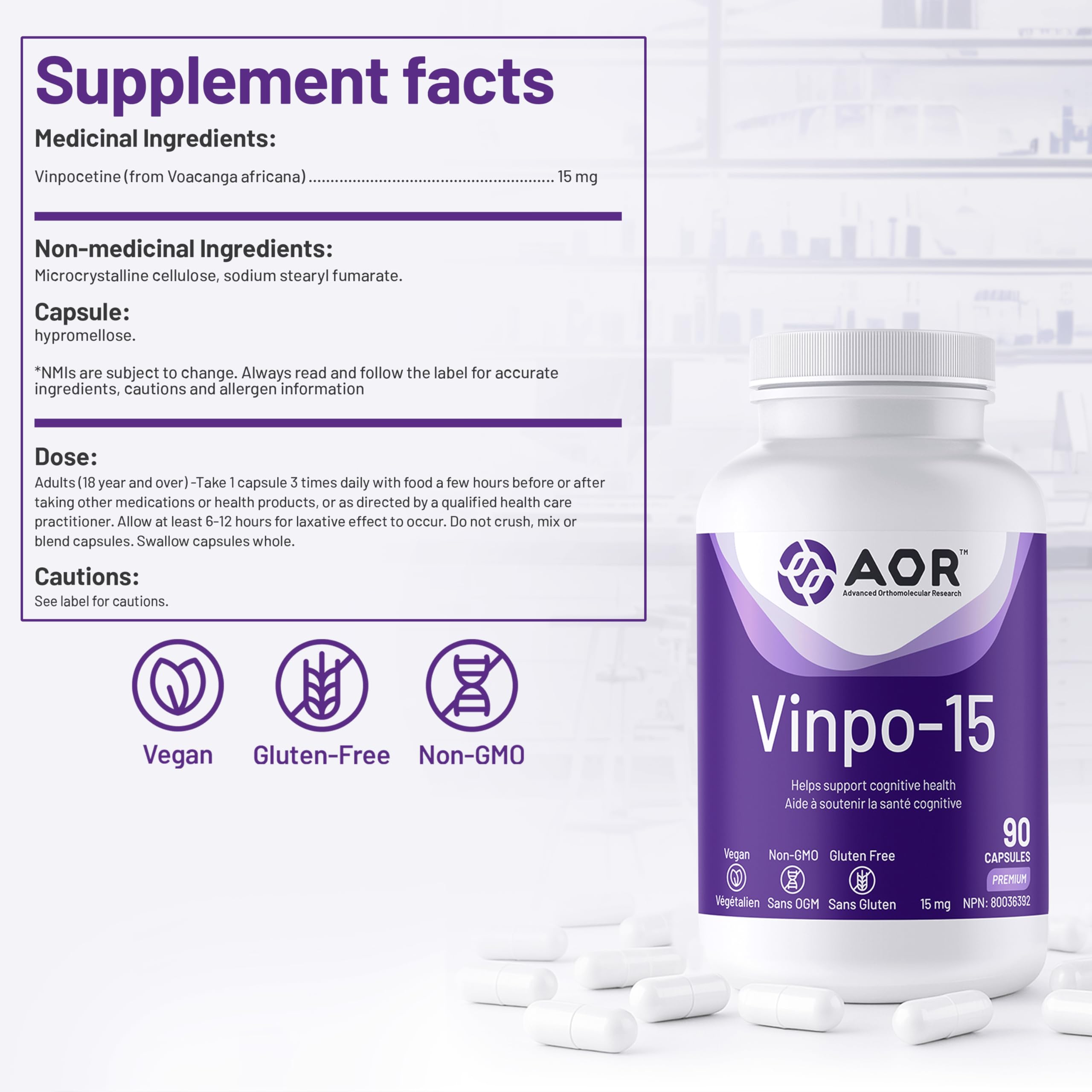 AOR Vinpo-15 15mg, 90 Capsules 30-Day Supply - Brain Function & Focus Support - Vegan, Non-GMO & Gluten-Free - Cognitive Health, Boosts Mental Clarity, Promote Healthy Circulation & Non-Ginkgo Formula