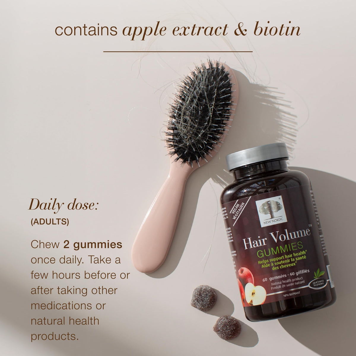 New Nordic Hair Volume Biotin Gummies for Adults, Zinc, Apple, 120 Gummies