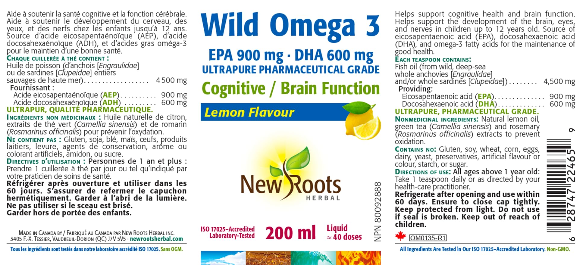 New Roots Herbal - Oméga-3 Sauvage AEP 900mg ADH 600mg, Saveur Citron, 200ml 40 Portions - Supplément d'Huile de Poisson Liquide d'Acides Gras Oméga-3 - Aide à Soutenir la Santé Cognitive, les Yeux, les Nerfs et la Fonction Cérébrale