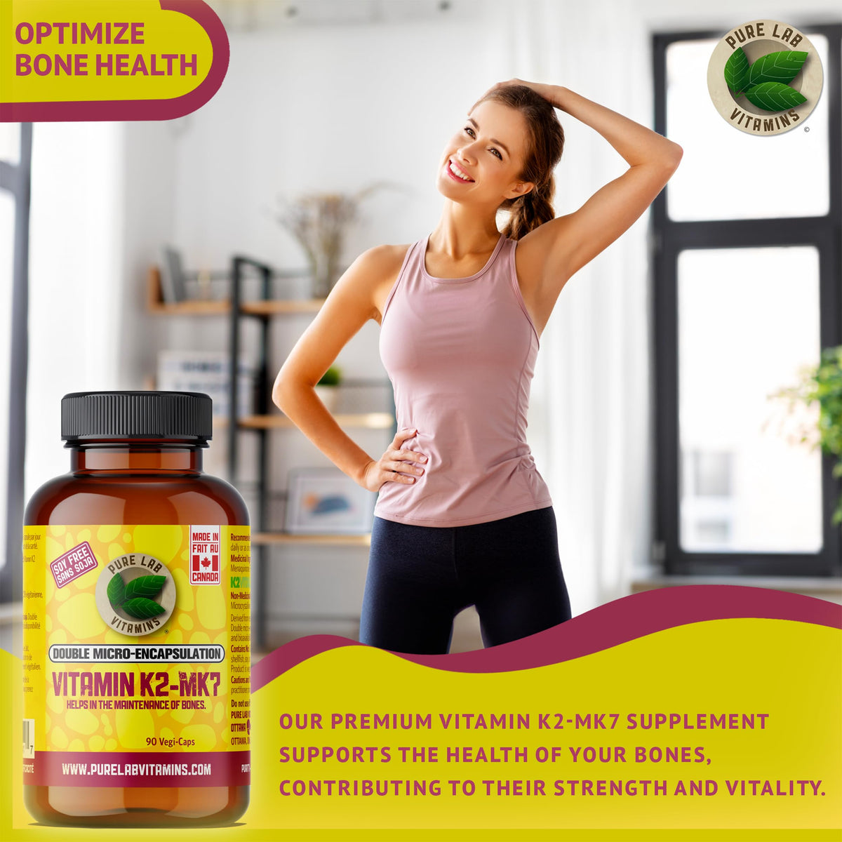 Pure Lab Vitamins | Vitamin K2 MK7 | 90 Vegi Capsules | K2 Vitamin Supplement | Bone Health, Heart Health, Teeth Health and Immune System Support | MK7 K2 Vitamin Supplement | Bone Support Supplements
