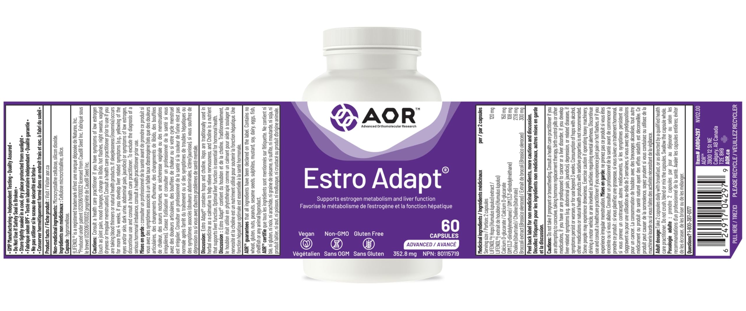 AOR Estro Adapt 60 gélules – Approvisionnement de 30 jours – Complément d'équilibre hormonal avec DIM, D-glucarate de calcium et choline, soutient la fonction hépatique, végétalien, sans OGM et sans gluten – Équilibre d'œstrogènes pour les femmes