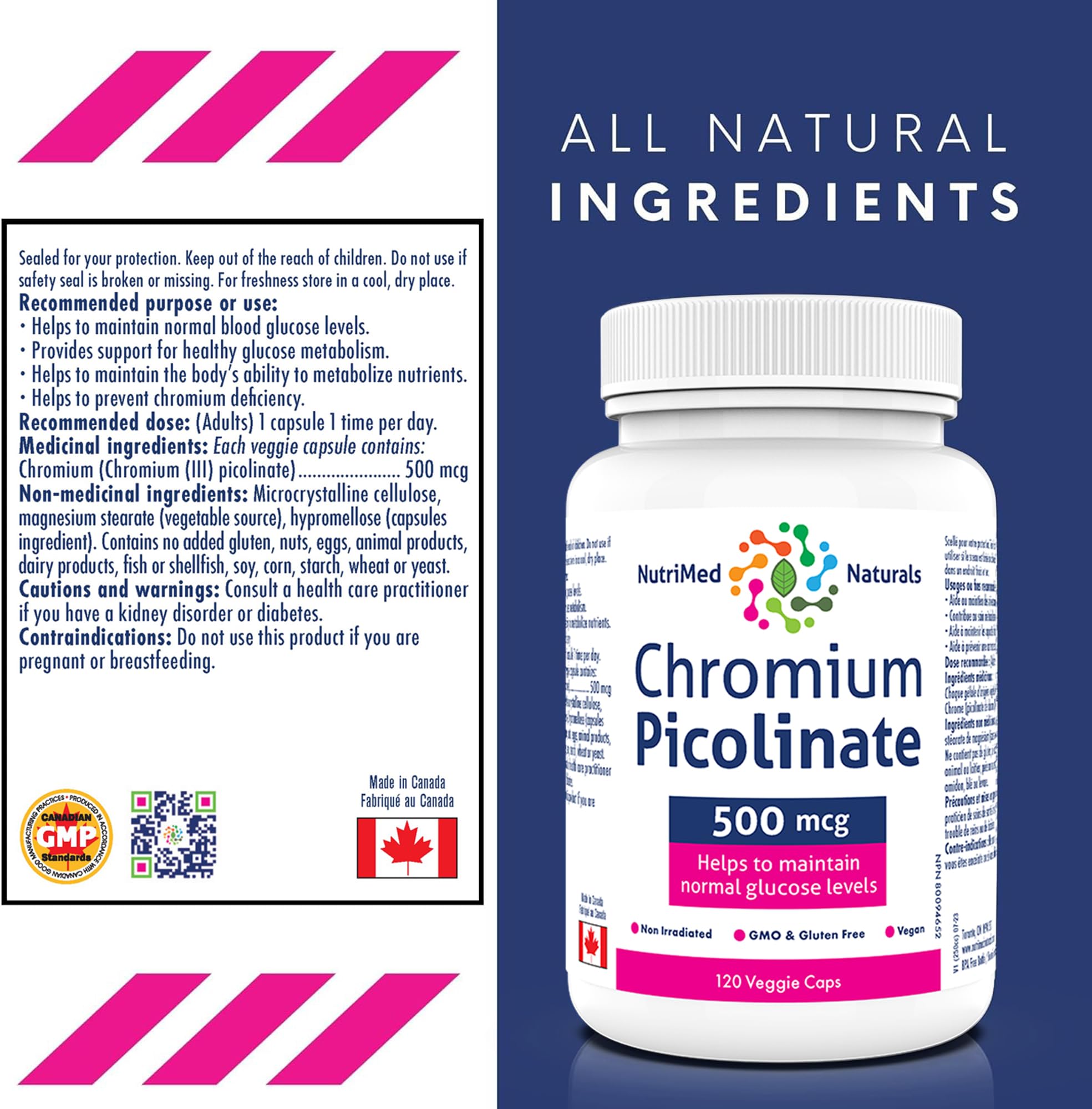 Nutrimed Naturals - Picolinate de chrome 500mcg, 120 Gélules pour 120 Jours - Soutien de la Glycémie et du Sucre Sanguin - Soutien de la Masse Musculaire et du Métabolisme - Testé par un Tiers - Formulé et Fabriqué au Canada