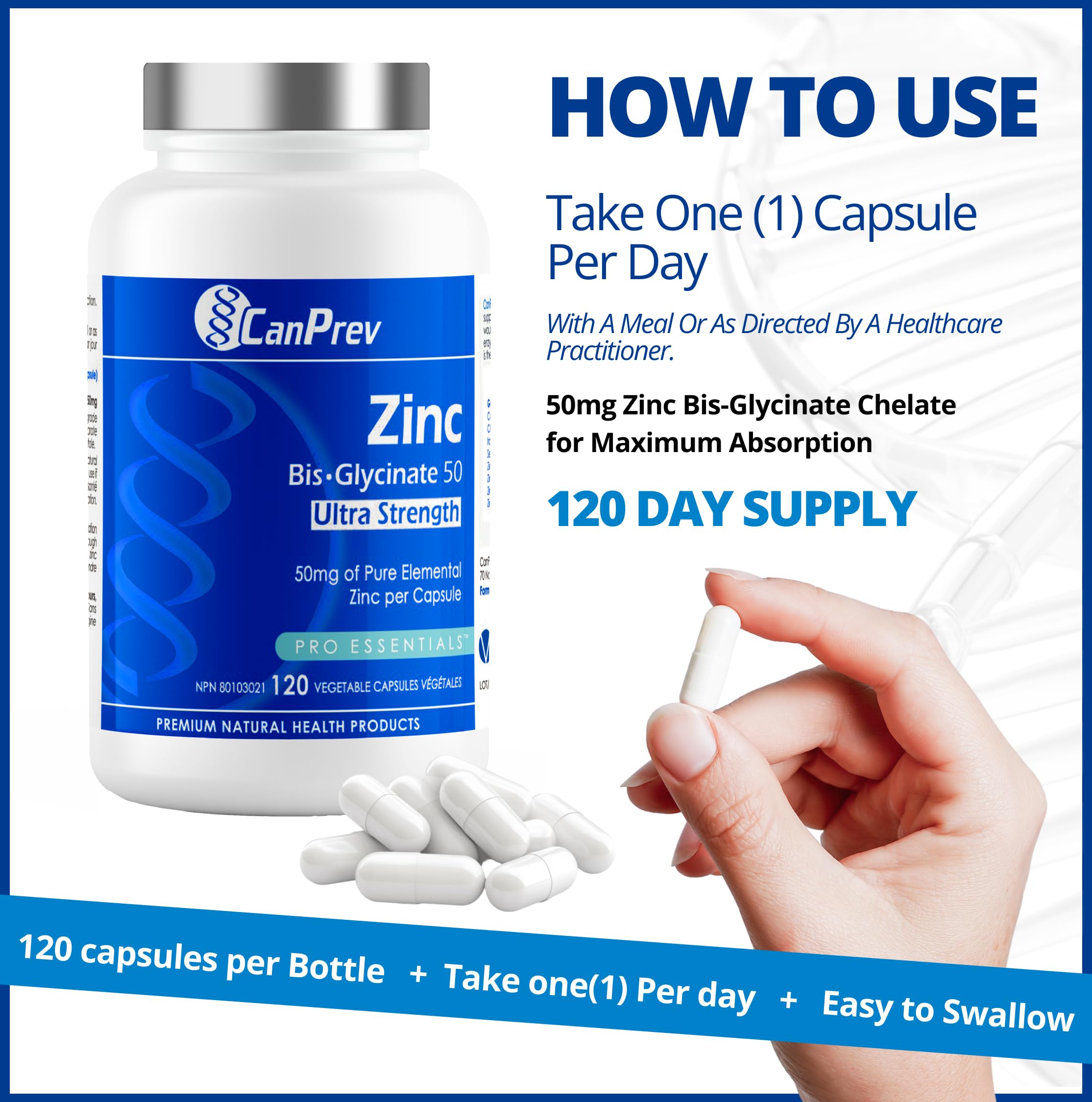 CanPrev Zinc Bis-Glycinate Chelate, 120 Capsules 120-Day Supply - Helps to Maintain Immune Function - Ultra Strength 50mg of Pure Elemental Zinc per Capsule - Vegan, Non-GMO and Gluten-Free