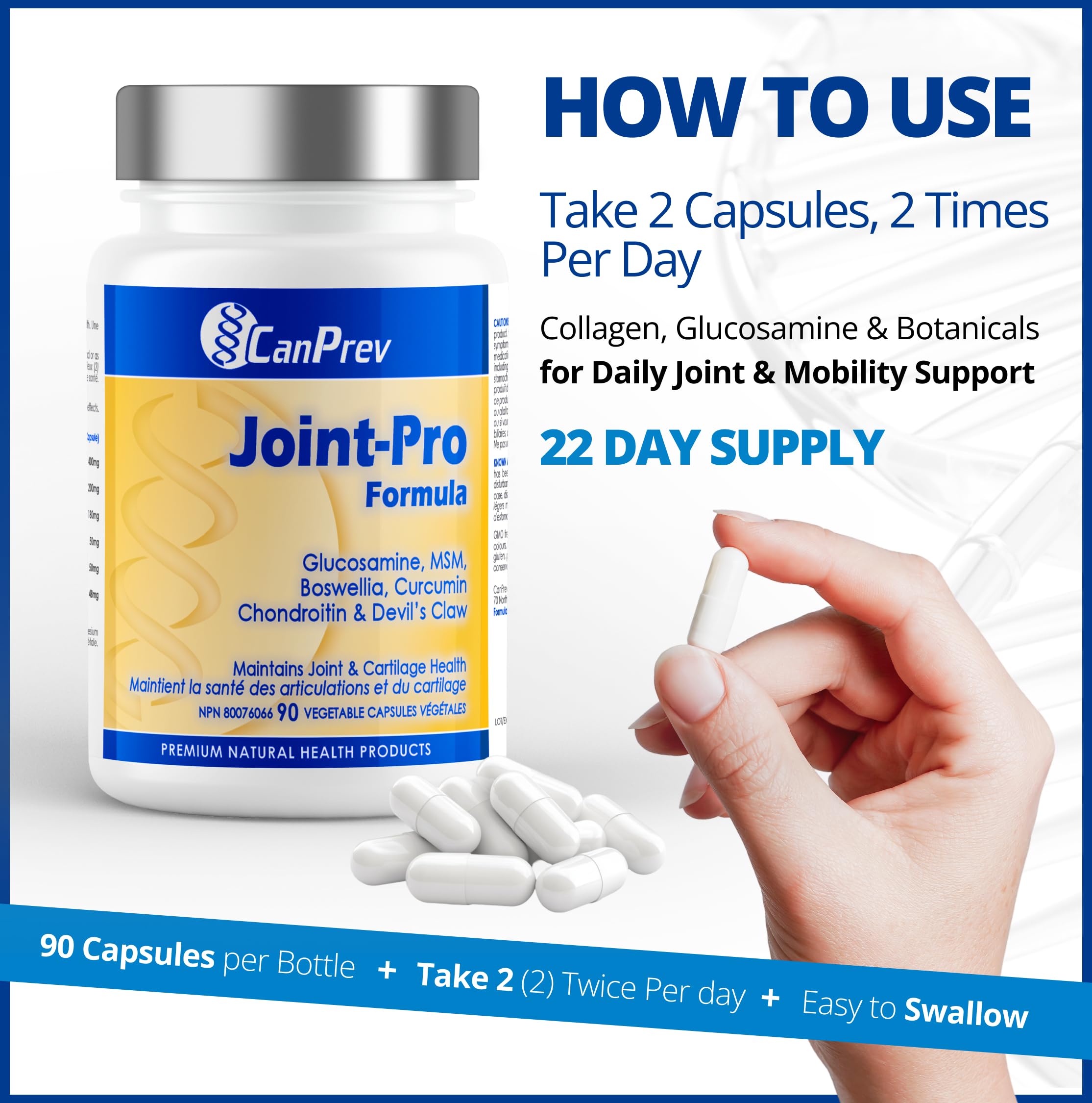 CanPrev Formule Joint-Pro, 90 capsules - Glucosamine, Chondroïtine, MSM, Boswellia, Griffe du diable et Curcumine, Favorise la souplesse des articulations et maintient un cartilage sain, Sans OGM et sans gluten