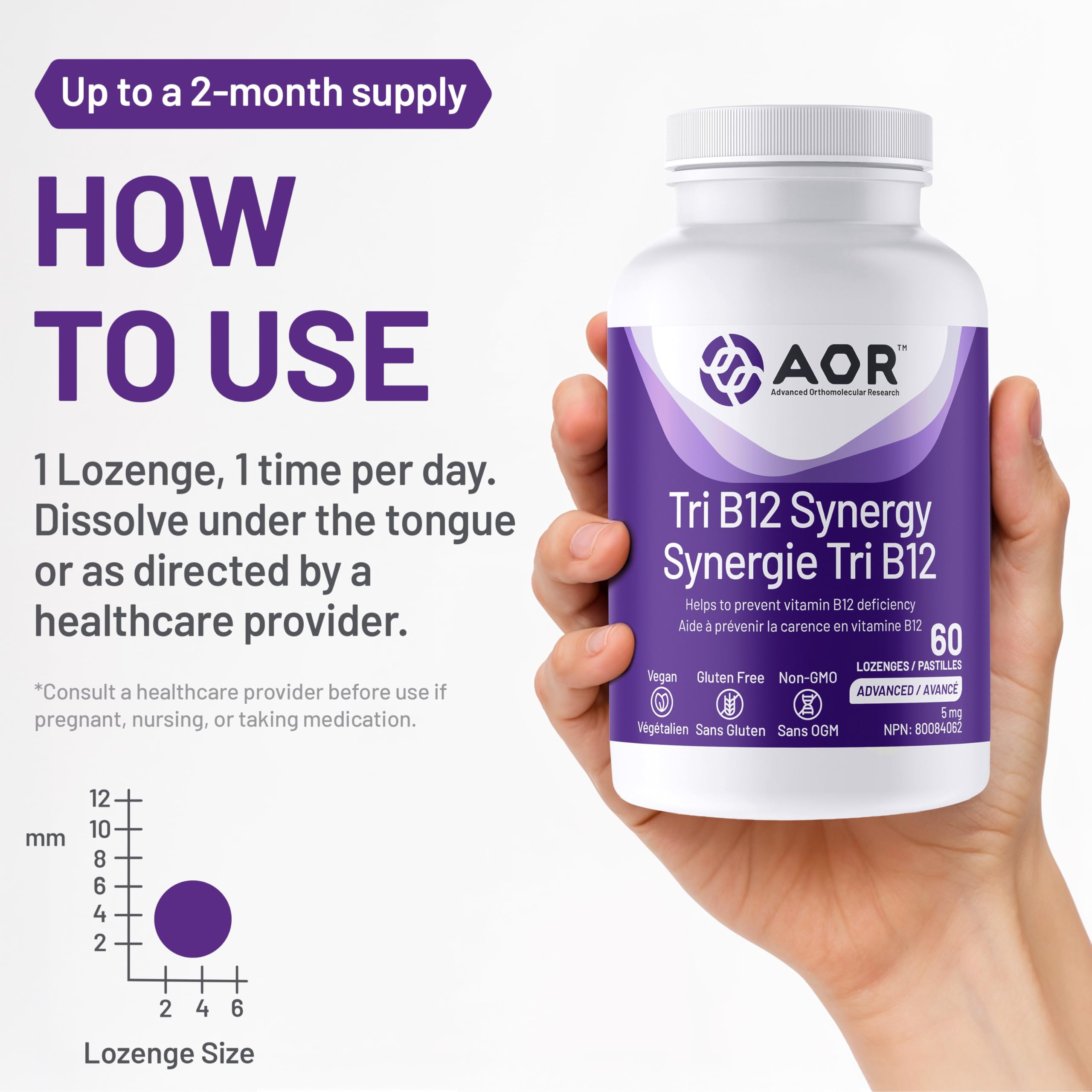 AOR Tri B12 Synergy 5 mg, 60 Lozenges, Approvisionnement de 60 Jours – Supplément de Vitamine B12 avec Méthylcobalamine, Hydroxocobalamine et Adénosylcobalamine pour le Soutien du Cœur, du Cerveau et du Système Nerveux – Végétalien et Sans OGM