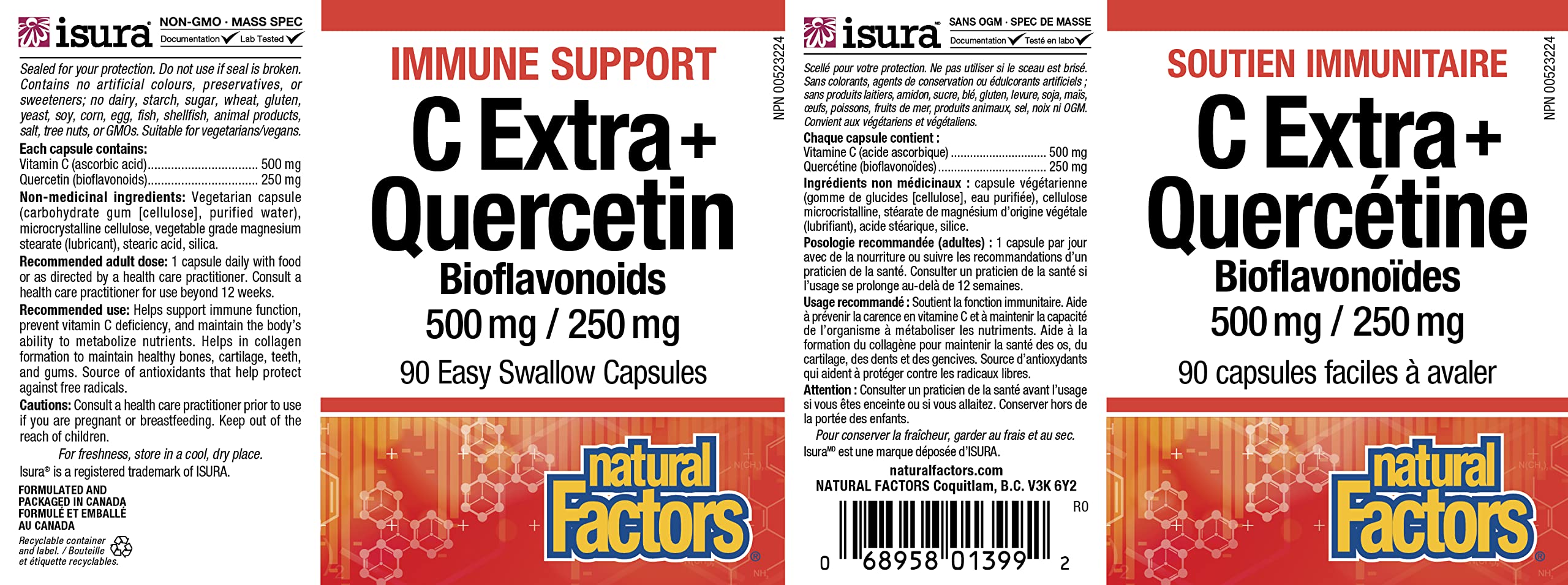 Natural Factors Vitamin C 500 mg + Quercetin Supplement 250 mg, 90 Easy Swallow Capsules, Immune Support, Proudly Canadian