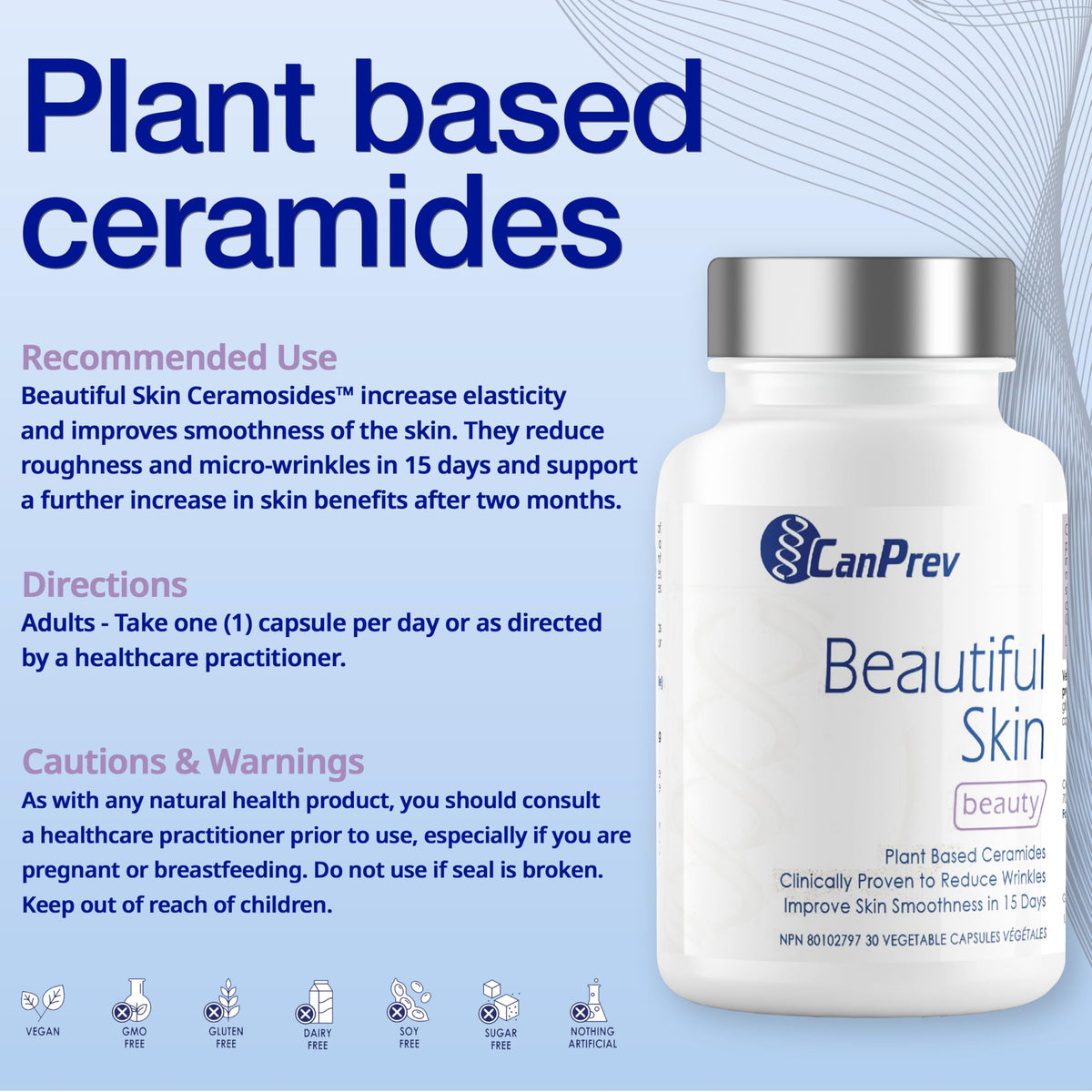CanPrev Beautiful Skin, Plant Based Ceramides, Skin Smoothness, 30 Caps