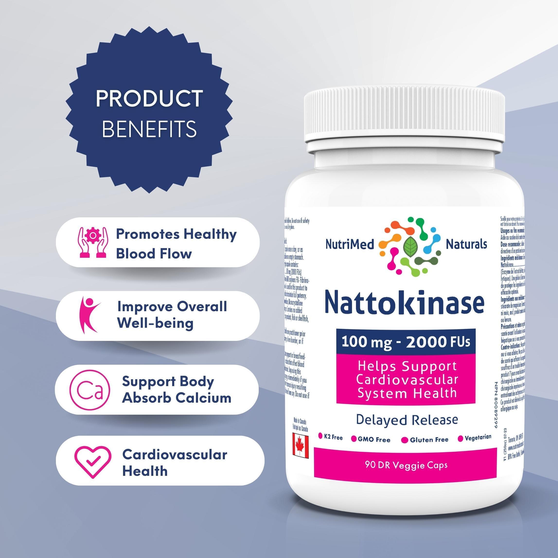 Nutrimed Naturals - Nattokinase Gélules 90 Gélules - Approvisionnement de 90 jours - Nattokinase 100mg 2000 FUs - Aide à soutenir la santé du système cardiovasculaire - Testé par des tiers - Formulé et fabriqué au Canada
