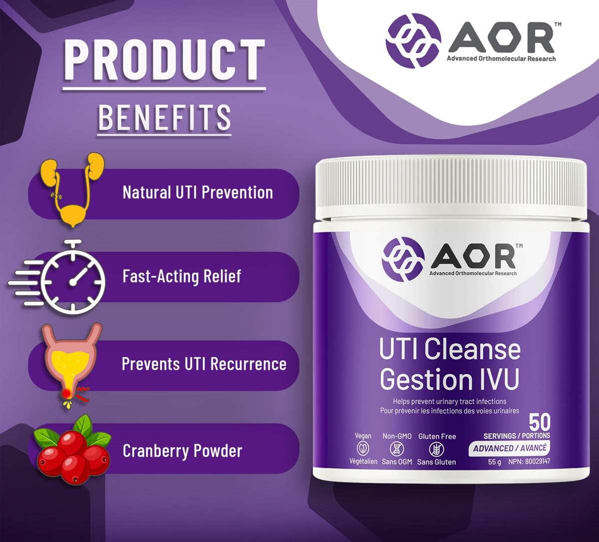 AOR UTI Cleanse Cranberry Powder for Women, 55g, 50 Servings