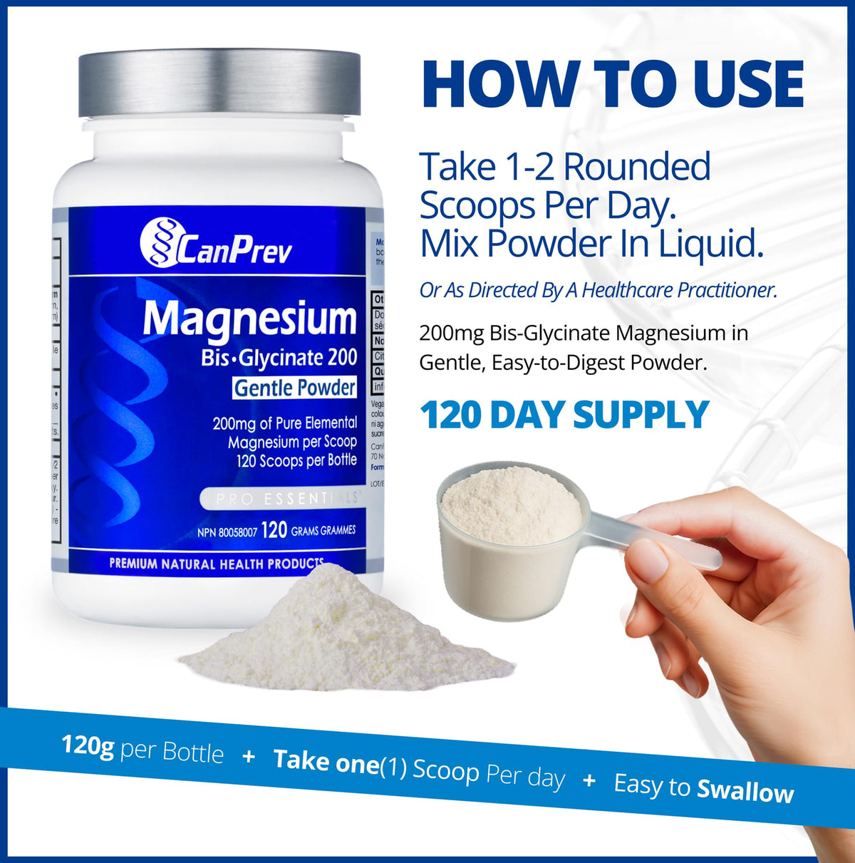 CanPrev Magnesium Bisglycinate Gentle Powder, 200mg, 120g, 120 Day Supply