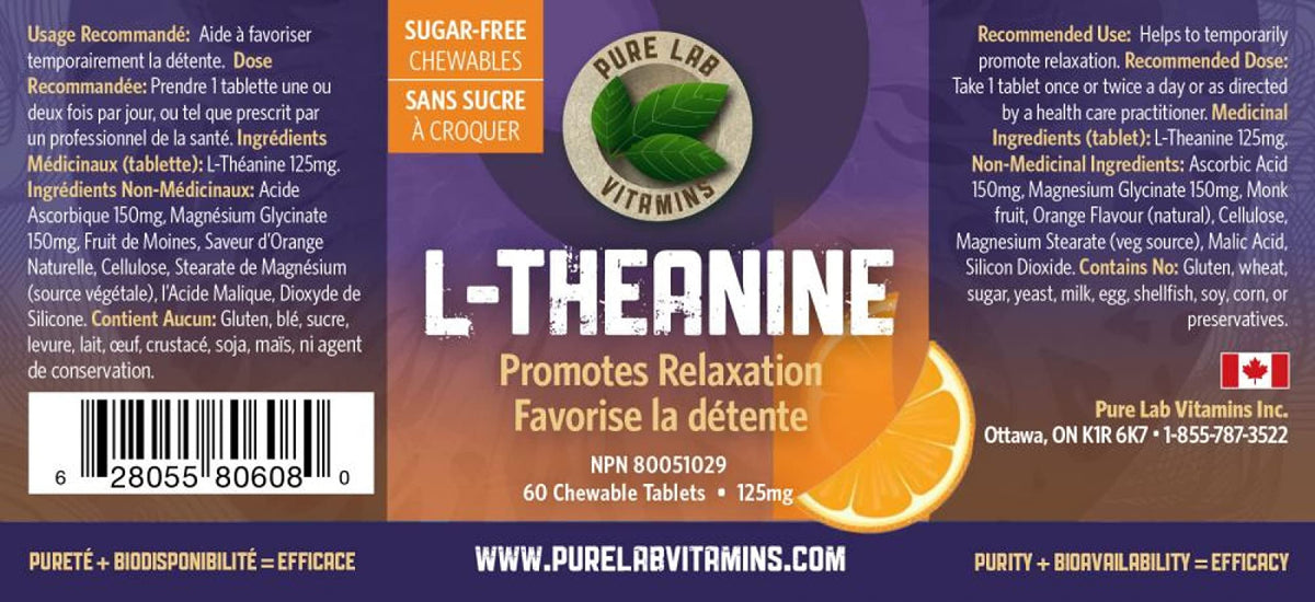 Pure Lab Vitamins | L-Theanine 125mg | 60 Chewable Tablets | Concerns and Pressure Relief Supplements | Brain Memory and Focus Supplement for Adults | Promotes Relaxation and Improves Sleep Quality