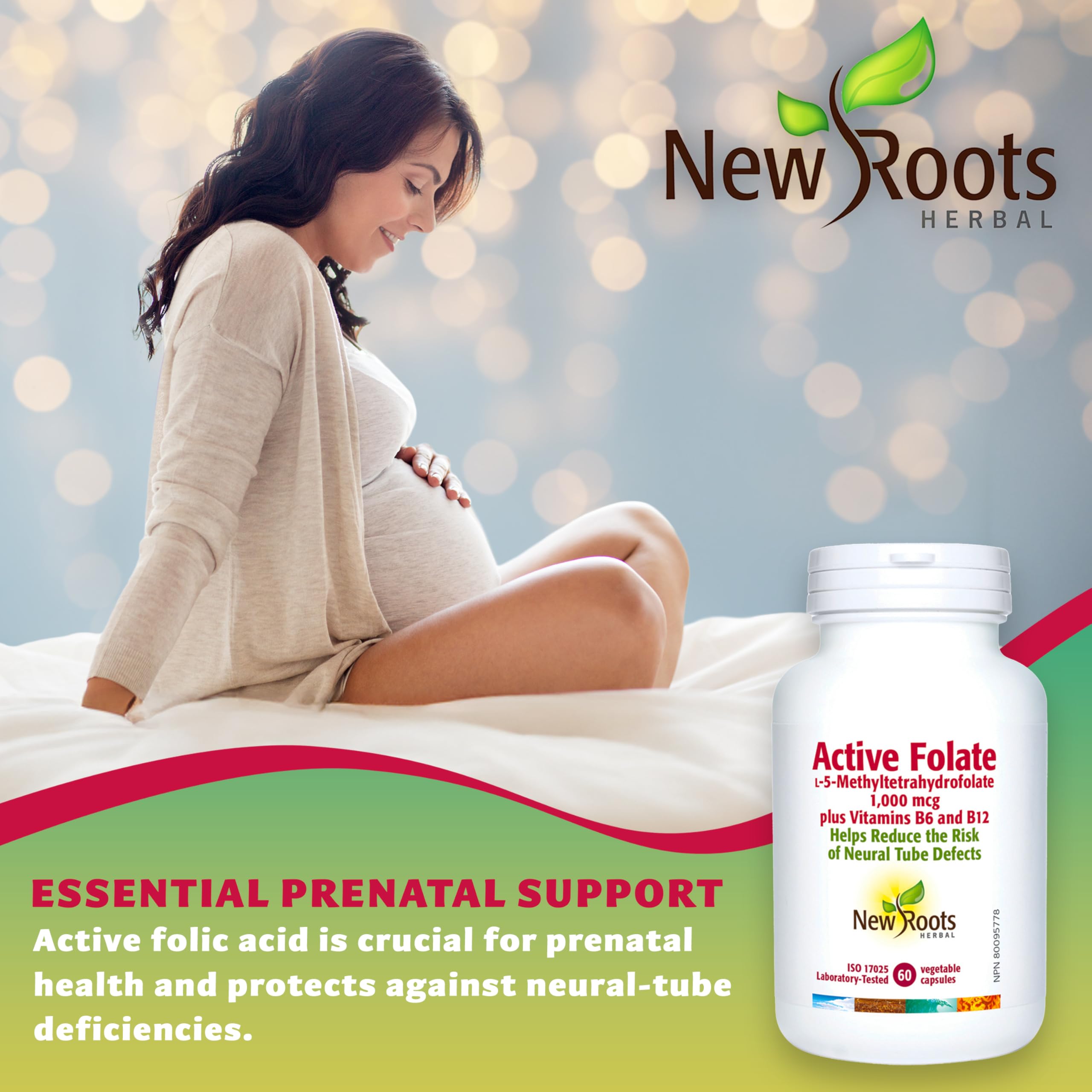 New Roots Herbal Folate Actif, 1000mcg L-5-MTHF avec Vitamines B6 & B12, Soutien Prénatal pour la Santé du Tube Neural & la Formation des Globules Rouges, 60 Gélules Végétales, Approvisionnement de 60 Jours