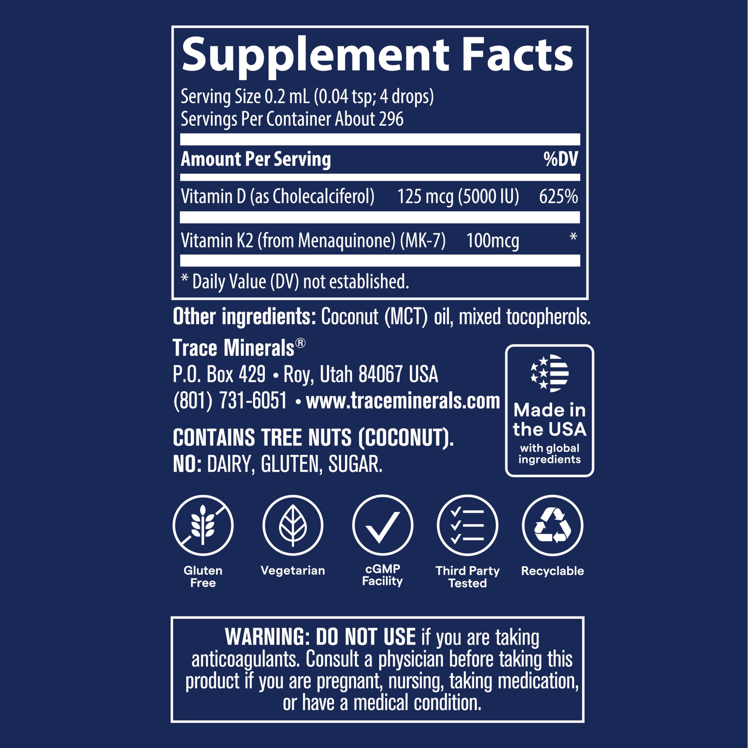 Trace Minerals | Liquid Ionic Vitamin D3 + K2 | 125 mcg (5,000 IU) D3, 100 mcg K2 | Concentrated Dietary Supplement | 2 fl oz. 296 Servings