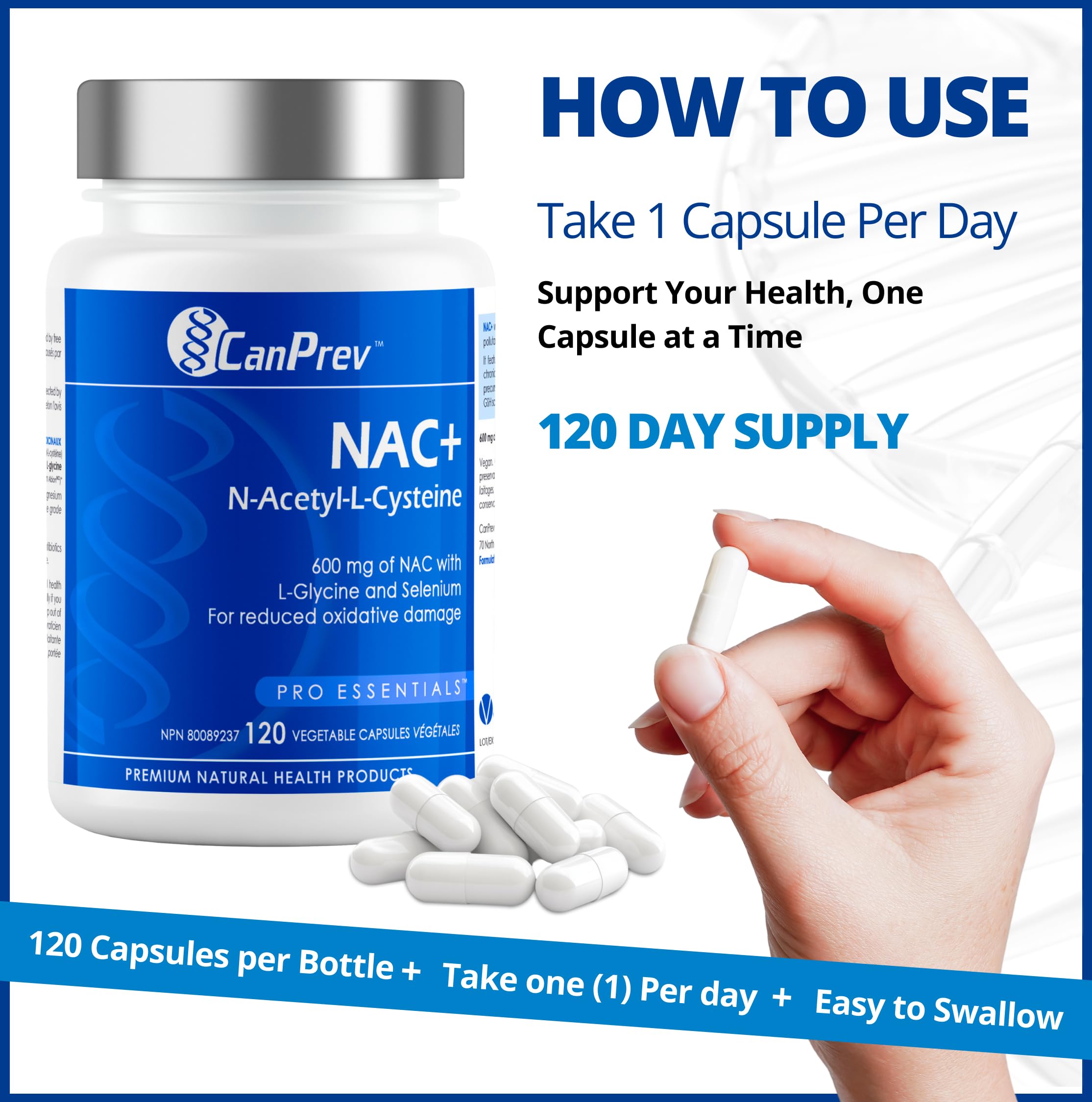 CanPrev NAC+ N-Acetyl-L-Cysteine Supplement, 120 Vegan Caps 120-Day Supply - 600mg NAC with L-Glycine & Selenium - Promote Healthy Glutathione Level, Immune Support, Liver Function & Oxidative Balance