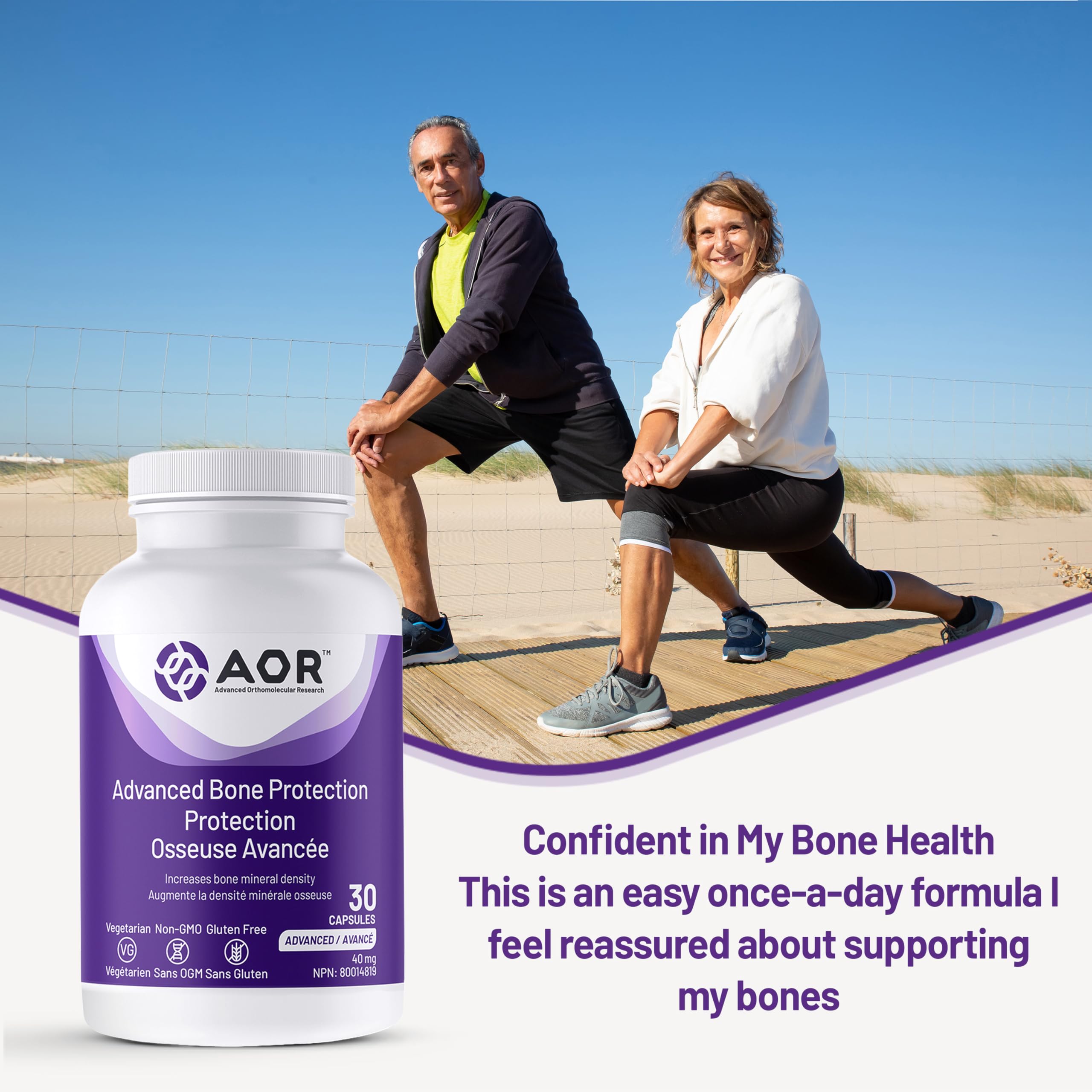 AOR Advanced Bone Protection 40mg, 30 capsules, cure de 30 jours, complément de soutien osseux, végétarien, sans OGM, sans gluten, favorise la densité minérale osseuse et la résistance, soutien du collagène pour des os sains